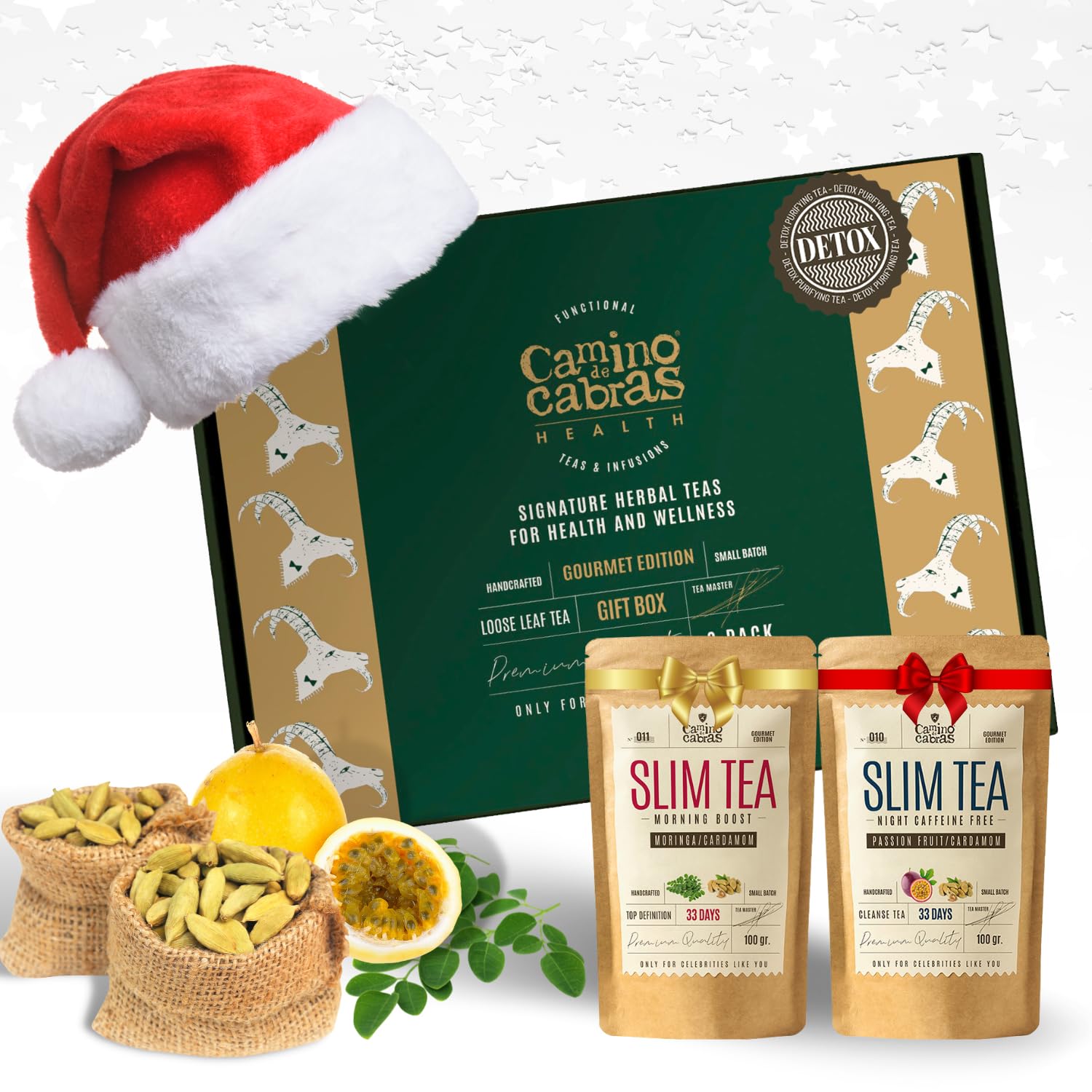 Slim Tea Gift Set – Detox Tea for Weight Loss and Belly Fat Support – Bloating Relief – Morning Boost & Night Caffeine Free Loose Leaf Slimming Herbal Infusions 2 x 100g (100 cups) – Camino de Cabras