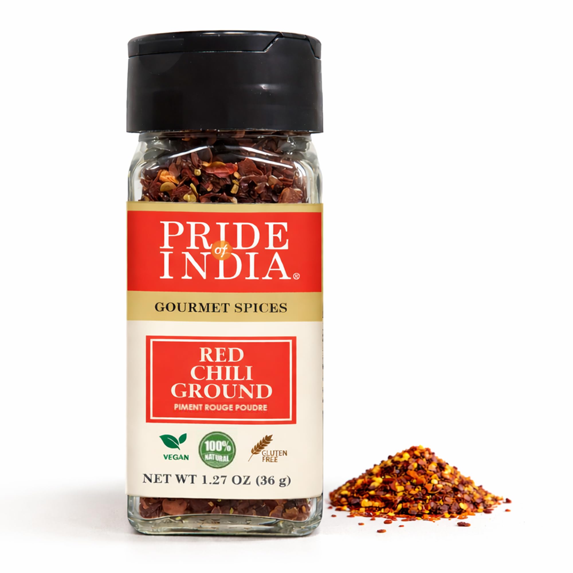 Pride of India | Red Chili Flakes 1.27 oz (36 gm) Small Dual Sifter Jar | Gourmet Spice, Culinary Must Have | Pleasant Heat, Distinct Flavor & Aroma | Sprinkle onto Pizza, Pasta, Pork, Flatbread | Easy to Store | Vegan, Non-Bioengineered