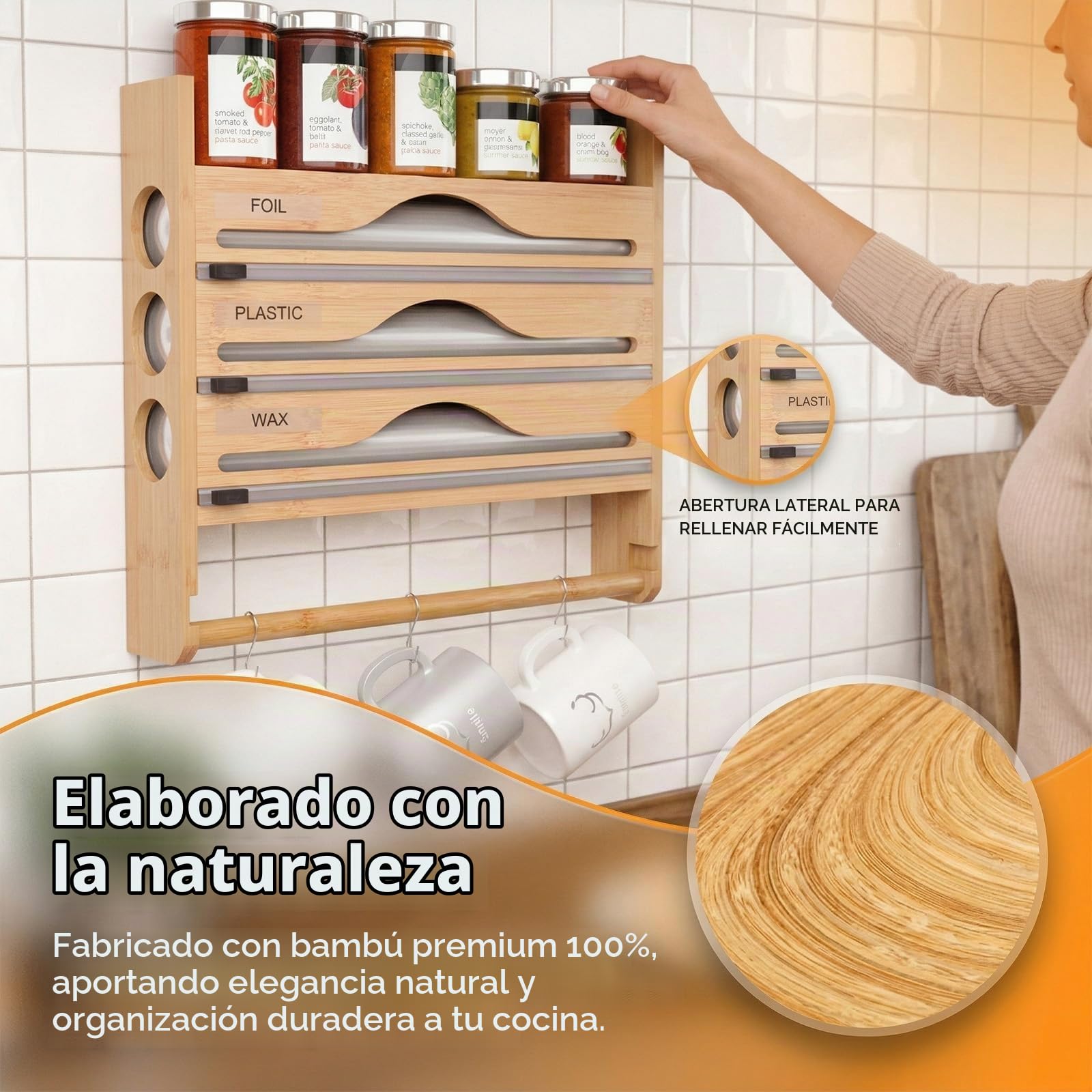 Dispensador Papel Aluminio y Film con Cortador, Portarrollos Cocina Pared 5 en 1 de Bambú, Organizador Film Transparente con Estante Especias