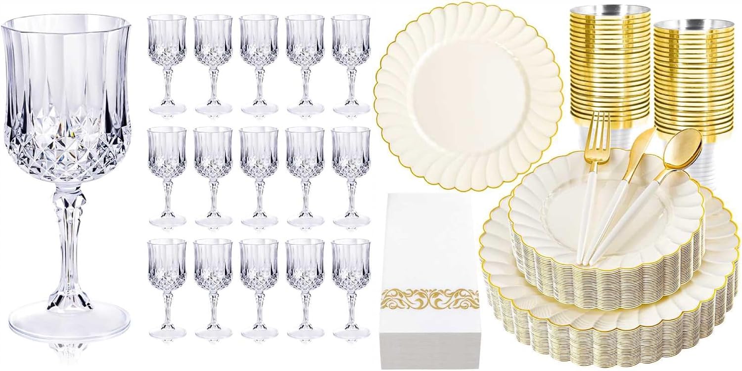 Ciaell 24 pieces of plastic wine glasses and 175 pieces of ivory scallop plastic plates are suitable for weddings, bars, wine, beer, juice, cocktails and whisky