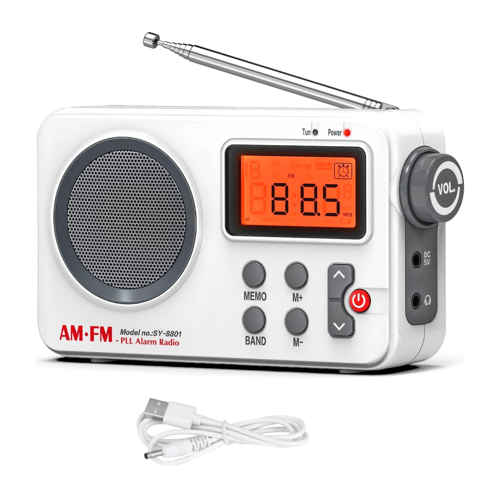 DC 5V AM/FM Radio SY-8801 LED Display Clear Loud Speaker Alarm Clock Support 20-Station Preset for Indoor & Outdoor