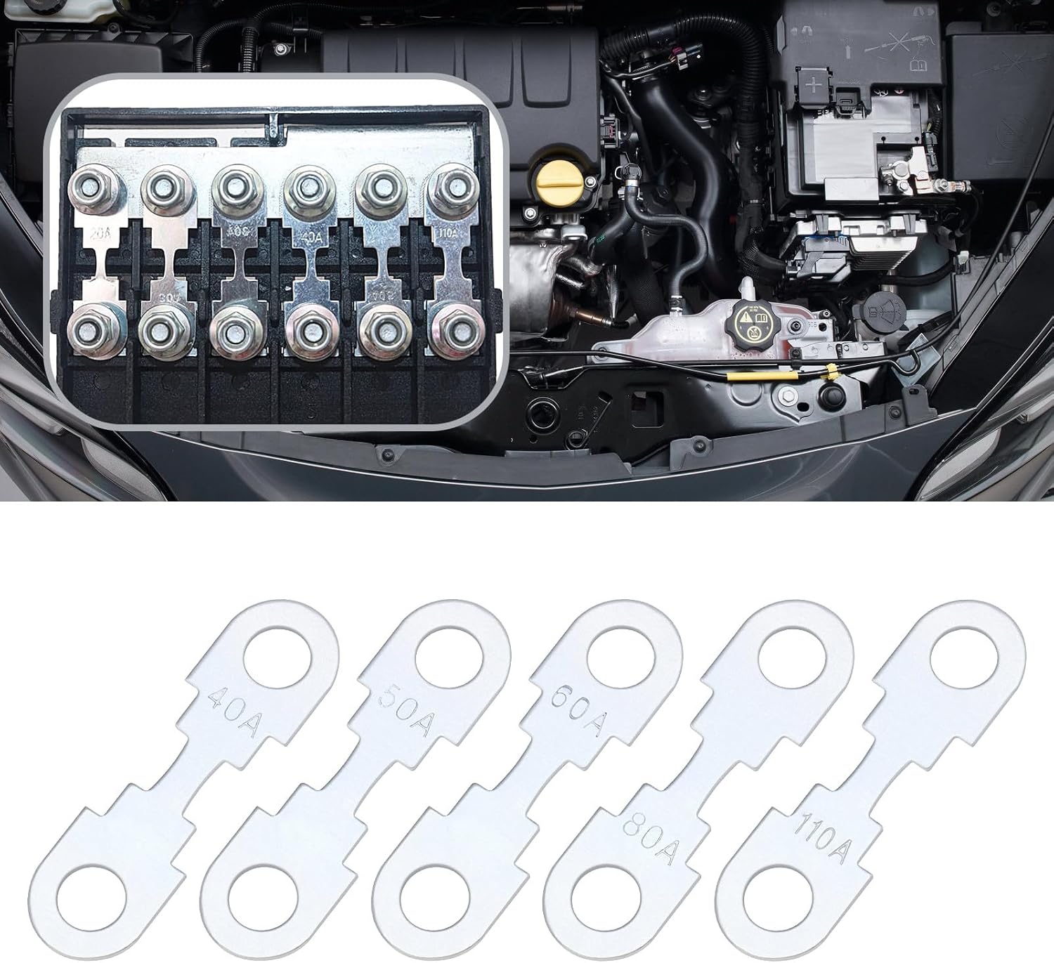Close-up of flat blade fuses installed in an automotive fuse box