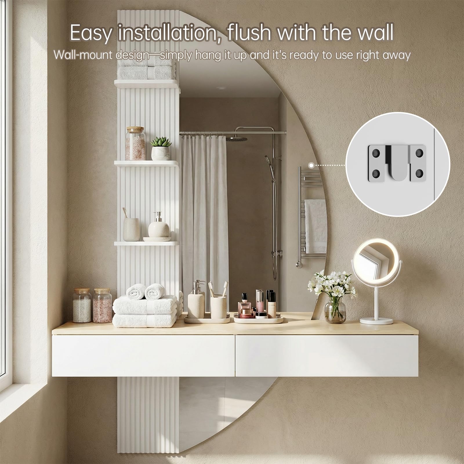TRIUMPHKEY Tocador de Pared con Espejo en Forma de Media Luna, Mesa de Maquillaje Flotante con Luces LED Regulables, 2 Cajones y 3 Estantes, Ahorra Espacio para Dormitorio (Blanco)