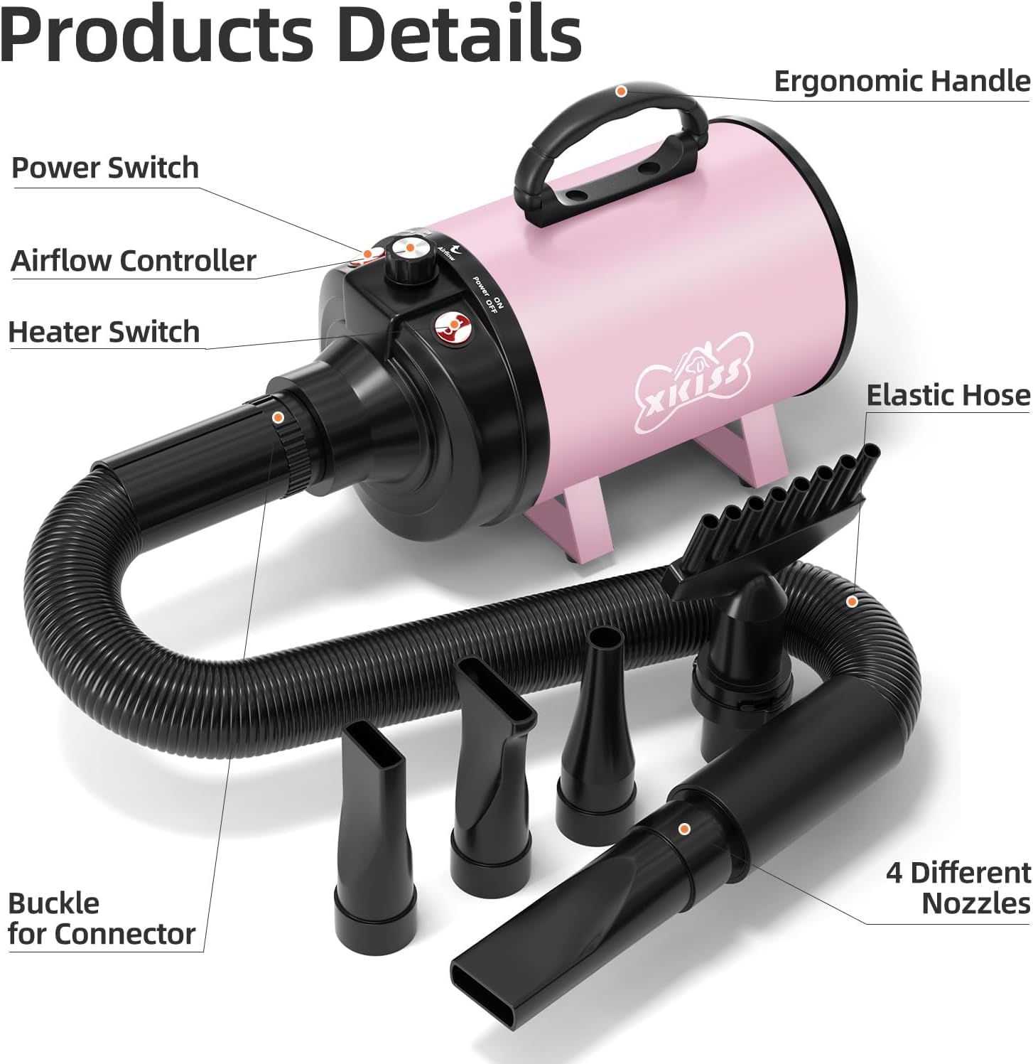 XKISS Hundfön - Asciugacapelli per cani, 4,5 CV/3200 W, con velocità regolabile, per la cura del cane (rosa)