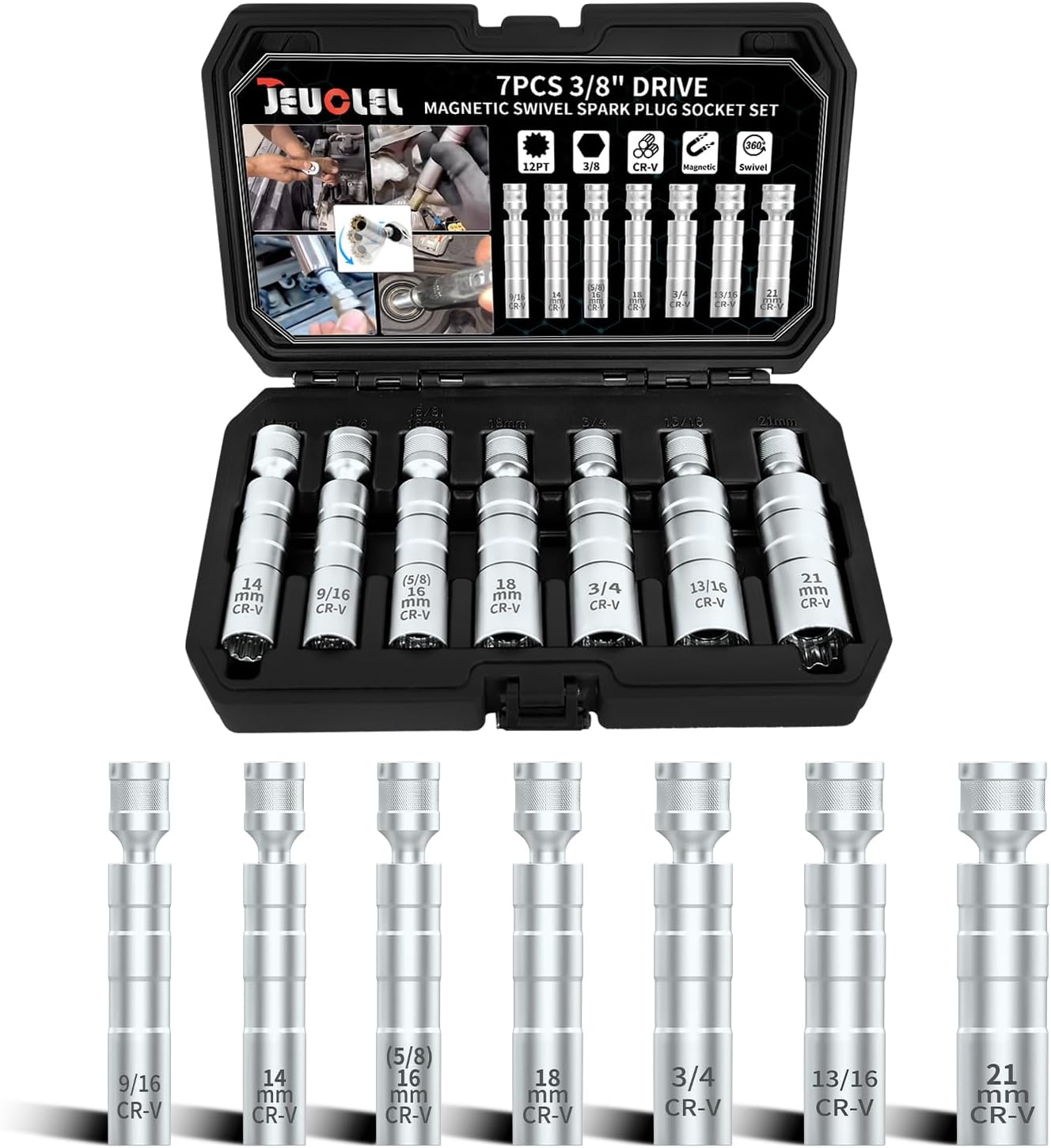 7PCS 3/8-Inch Drive Magnetic Swivel Spark Plug Socket, 12 Point 9.5mm Universal Joint Magnetic Spark Plug Socket, Thin Walled Socket Removal Too Compatible with Car SUV Motorcycle