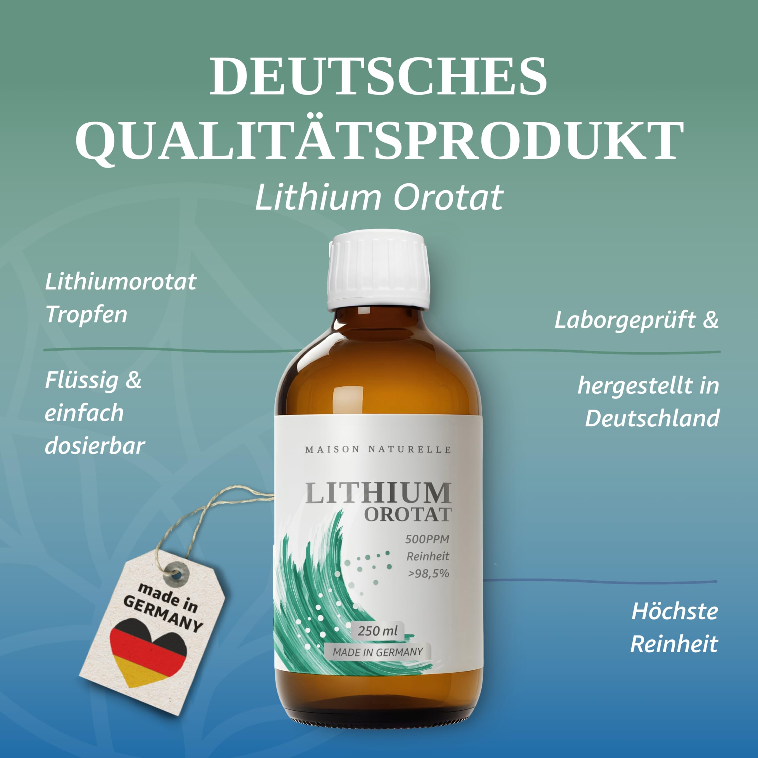 Maison Naturelle ® flüssiges Lithium (250 ml) - Lithium Tropfen 0,5 mg – 500 ppm Fertiglösung mit über 98,5 % Reinheit (250 ml (1er Pack))