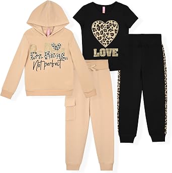 Dreamstar Girls Fleece 4-Piece Set Cozy Top and Jogger Sweatpants, Soft Mix & Match Loungewear for Kids, Tweens & Teens