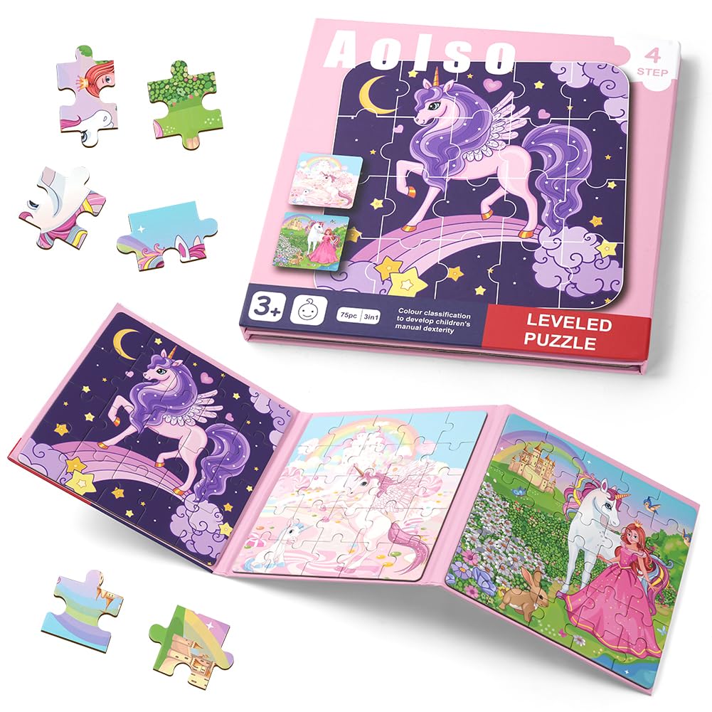 Aolso Magnetspiel, 20-25-30-Teiliges 3-in-1-Magnetpuzzle für Kinder, Aktivität im Flugzeug für Kleinkinder, Tier-Puzzlebuch, Reisespiele und Reisespielzeug, Pädagogisches Magnetgeschenk (Einhorn)