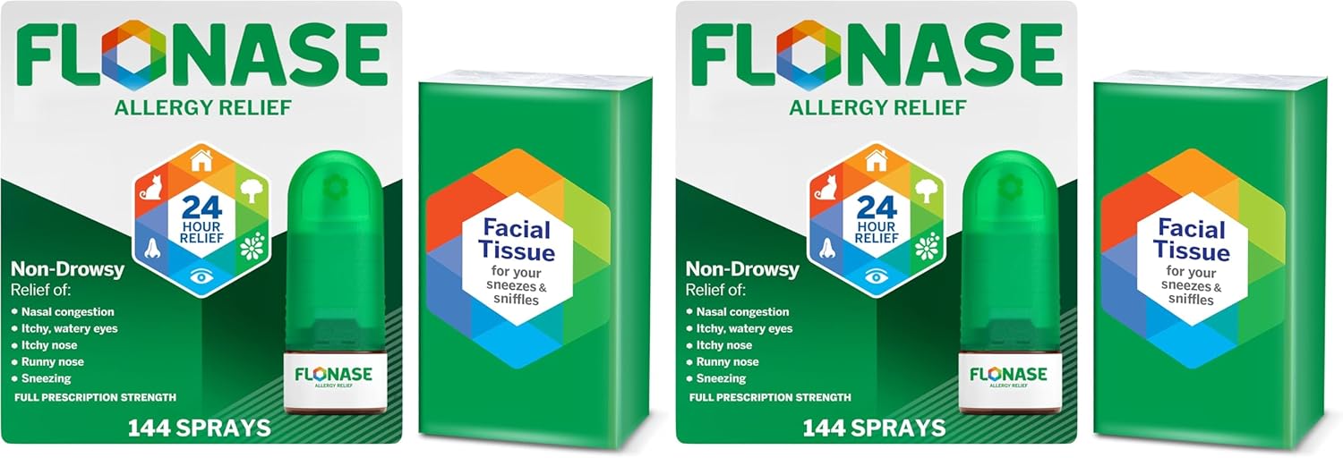Flonase Allergy Relief Nasal Spray,24-Hour Non-Drowsy Multi-Symptom Relief 144 Sprays,Bonus Pack of Tissues,(Pack of 2)