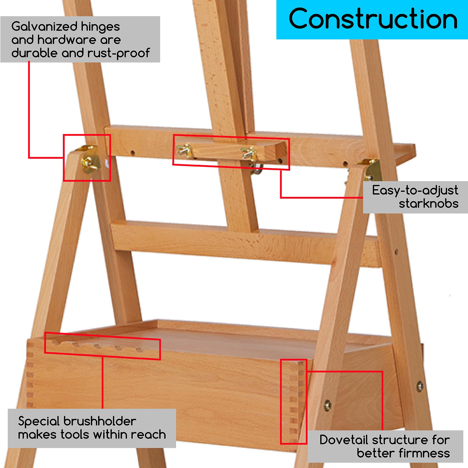 Meeden, cavalletto da studio inclinabile con telaio a H con cassetto per riporre oggetti artistici, regolabile, in legno di faggio massiccio, per artisti, studenti e principianti