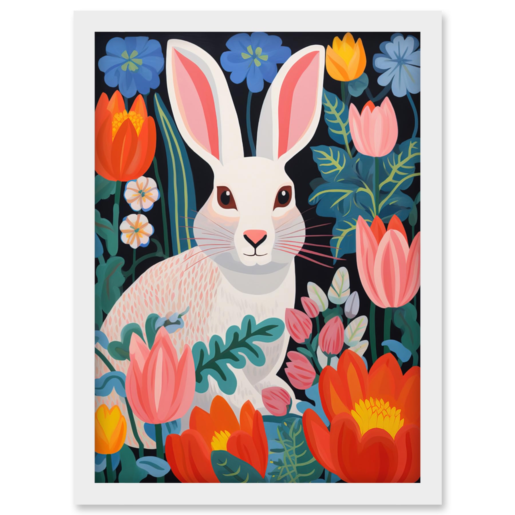 Artery8 Bunny Rabbit in Colourful Bold Vibrant Flowers Kids Bedroom Floral Artwork Garden Spring Blooms Artwork Framed Wall Art Print A4