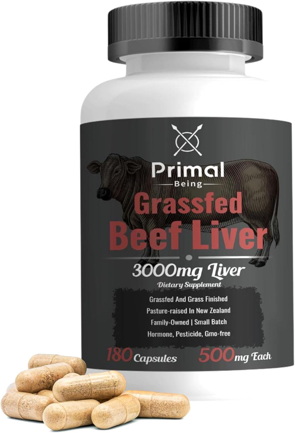 Primal Being Grassfed Beef Liver - 3000mg Freeze Dried Capsules - Pasture Raised in New Zealand - Natural Beef Organ Supplement - Liver Supplement for Energy and Wellness - 180 Count