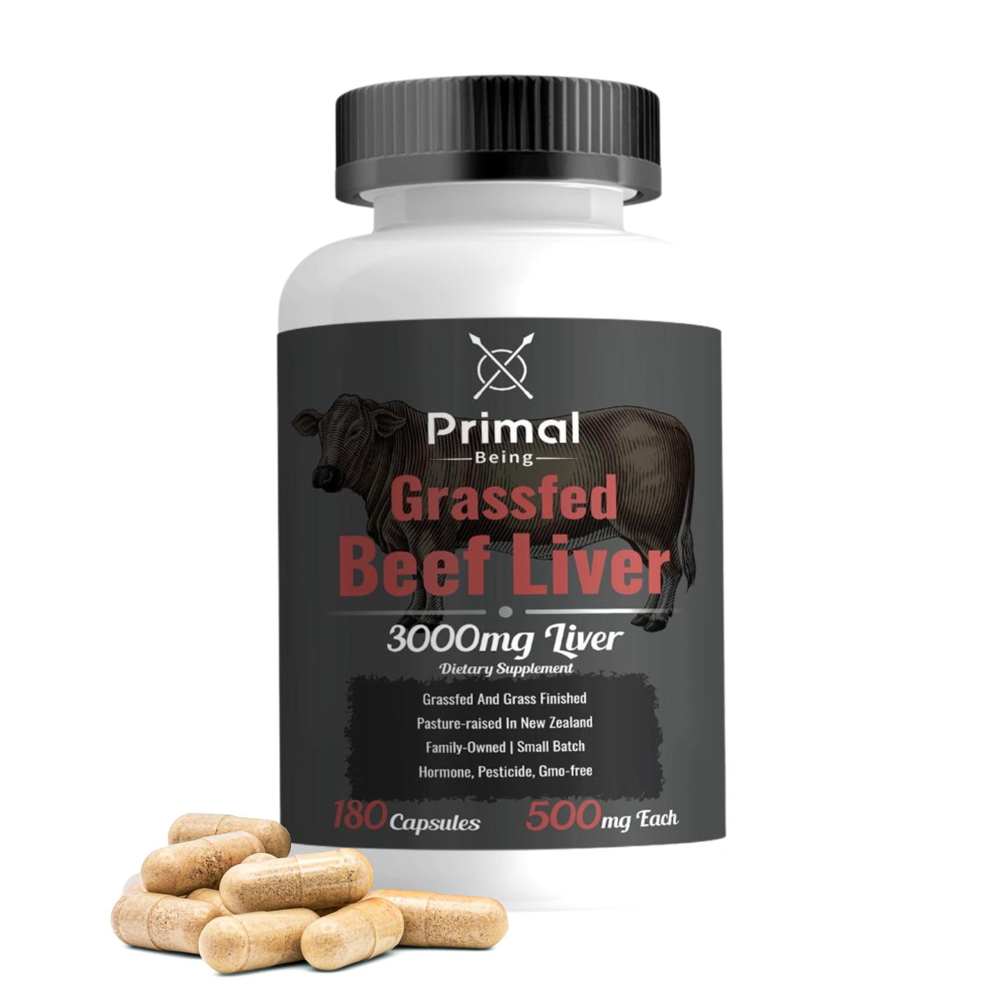 Primal Being Grassfed Beef Liver - 3000mg Freeze Dried Capsules - Pasture Raised in New Zealand - Natural Beef Organ Supplement - Liver Supplement for Energy and Wellness - 180 Count
