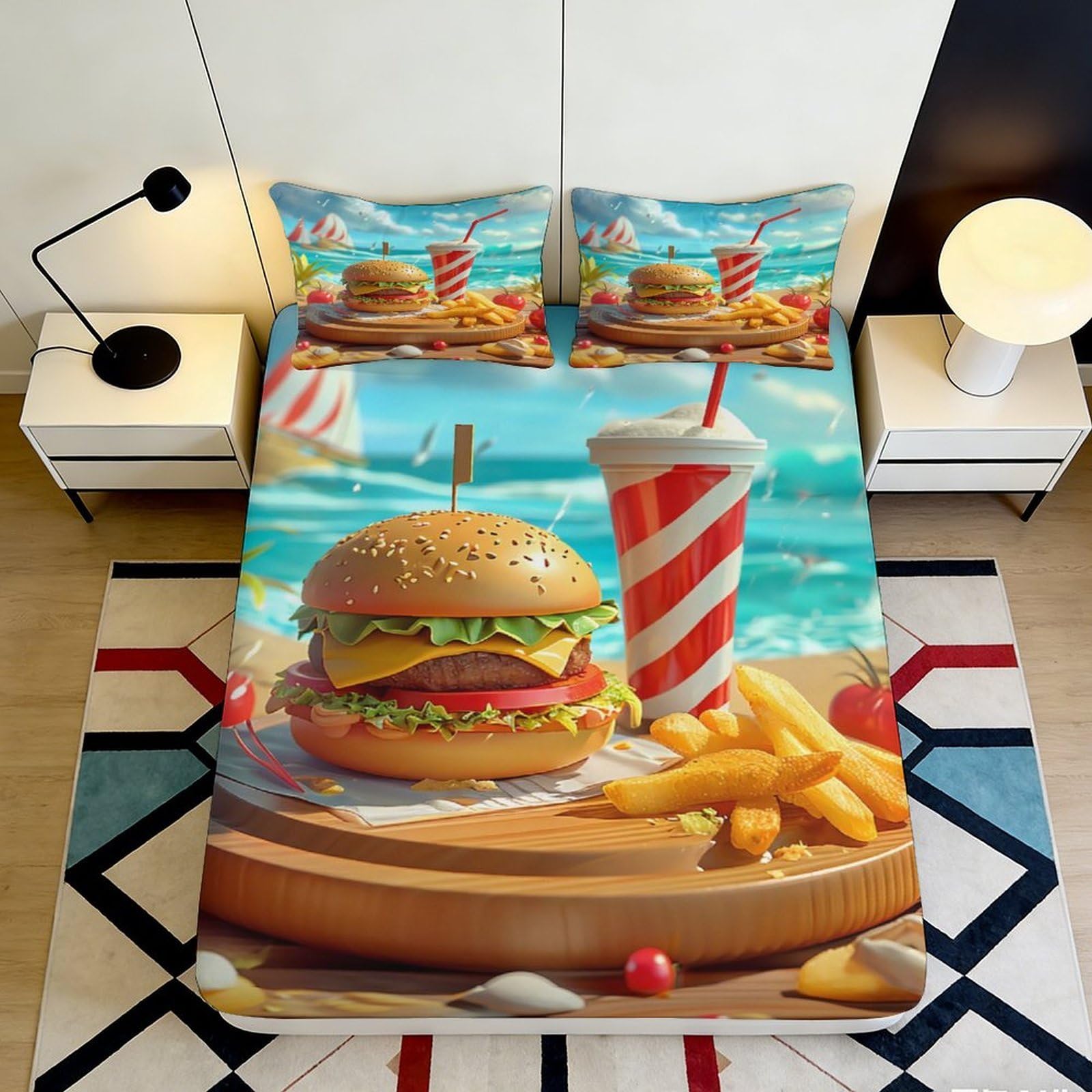 3D Printed Burger Fries Fitted Sheet Microfiber Soft Drink Bed Sheet for Bedroom Dorm Easy Care Protection Decor 90x200x25cm
