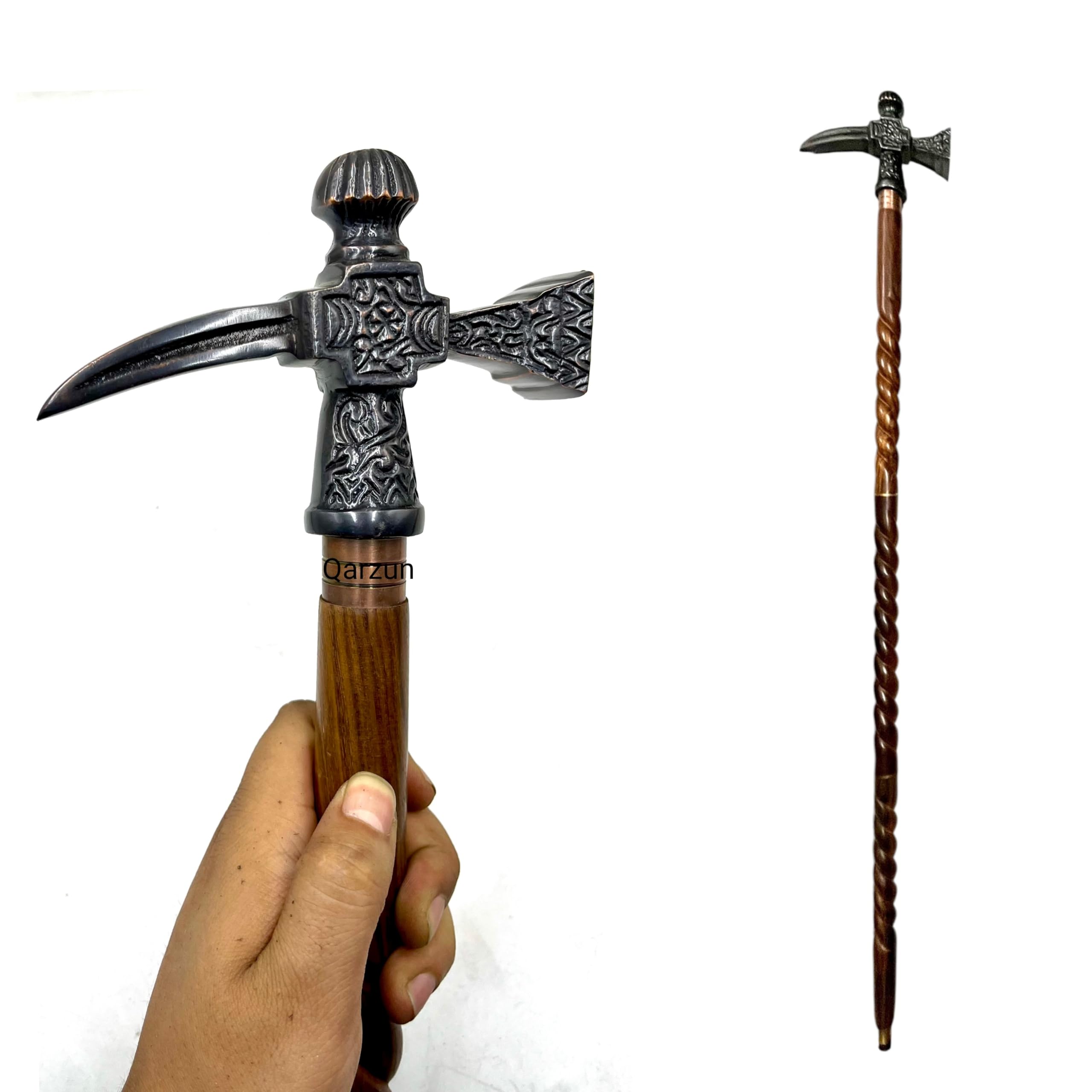 Wooden Walking Cane for Women and Men Metal Axe Hammer Style Antique Handle Walking Stick 37"-image-15