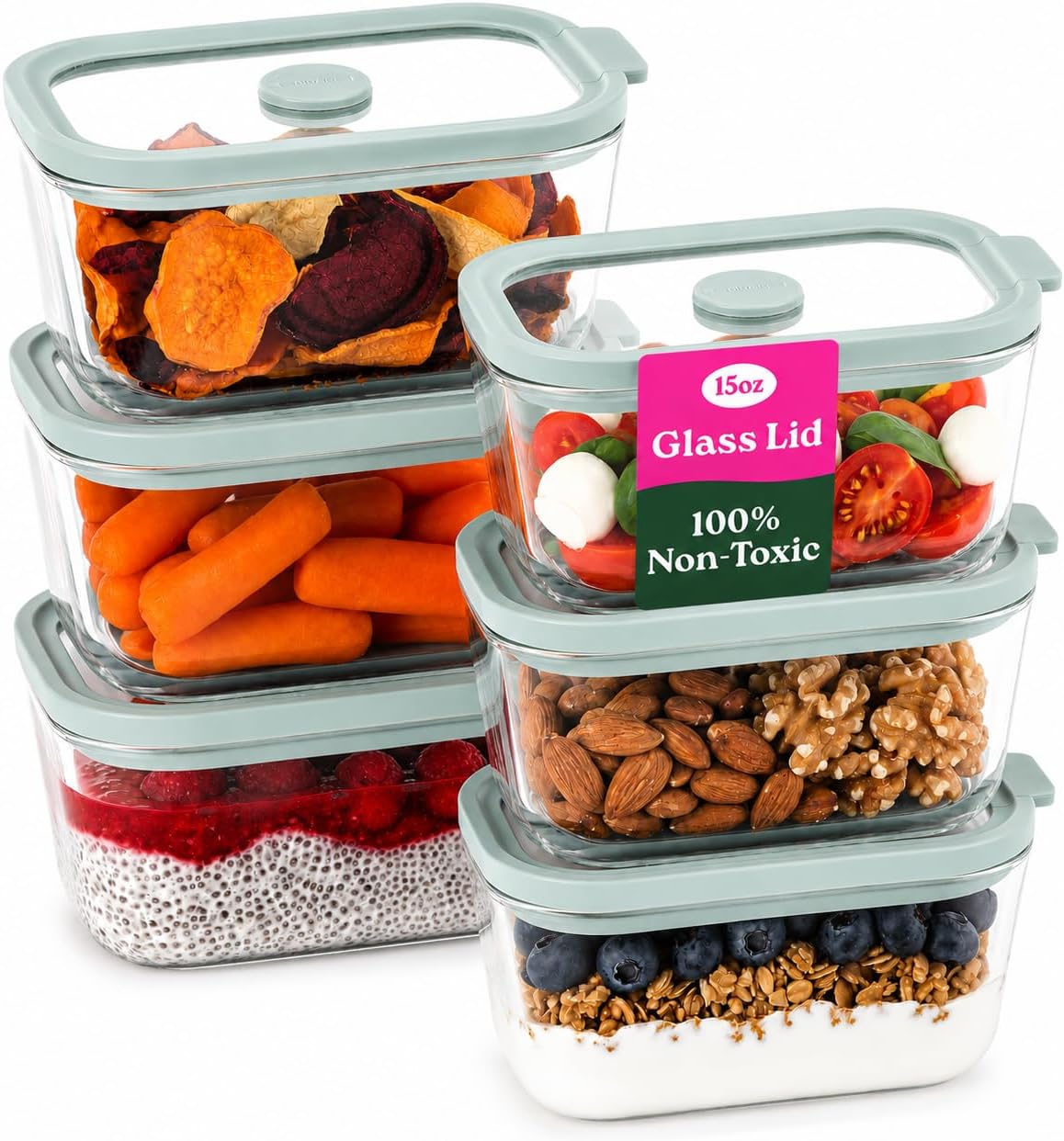 6 Pack Non-Toxic Glass Storage Containers with Glass Lids –15 Oz Borosilicate Glass Meal Prep Containers for Lunch, Airtight Food Storage, (Sage Green-15 Oz)