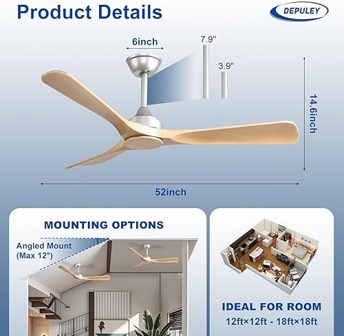 Miniatura 3 de Depuley Ventilador de techo sin luz 52 pulgadas 3 aspas ventiladores interiores y exteriores para patios - Ventilador de techo de madera sin luz