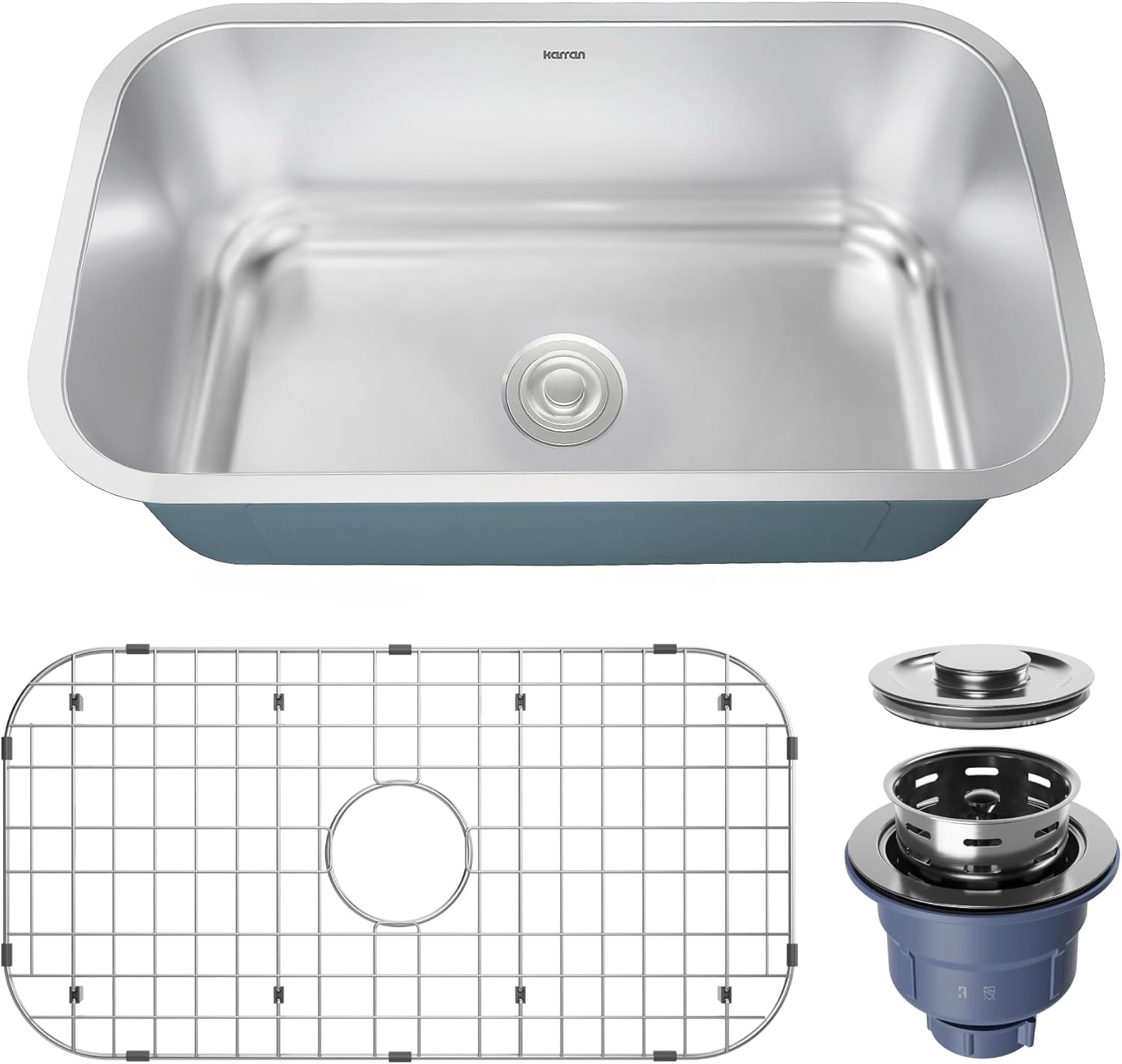 Karran 32 Inch Undermount Kitchen Sink, Single Bowl 18 Gauge T304 Stainless Steel Sink, Deep 9” Basin, R10 Corners, Includes Grid & Strainer