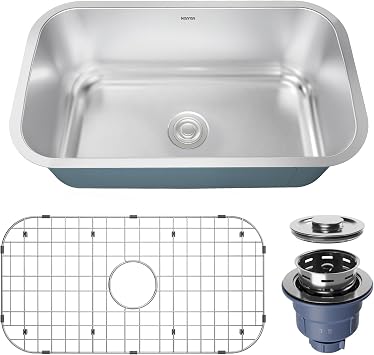 Karran 32 Inch Undermount Kitchen Sink, 18 Gauge T304 Stainless Steel Single Bowl Sink, Deep Basin with R10 Corners, Grid & Strainer Included