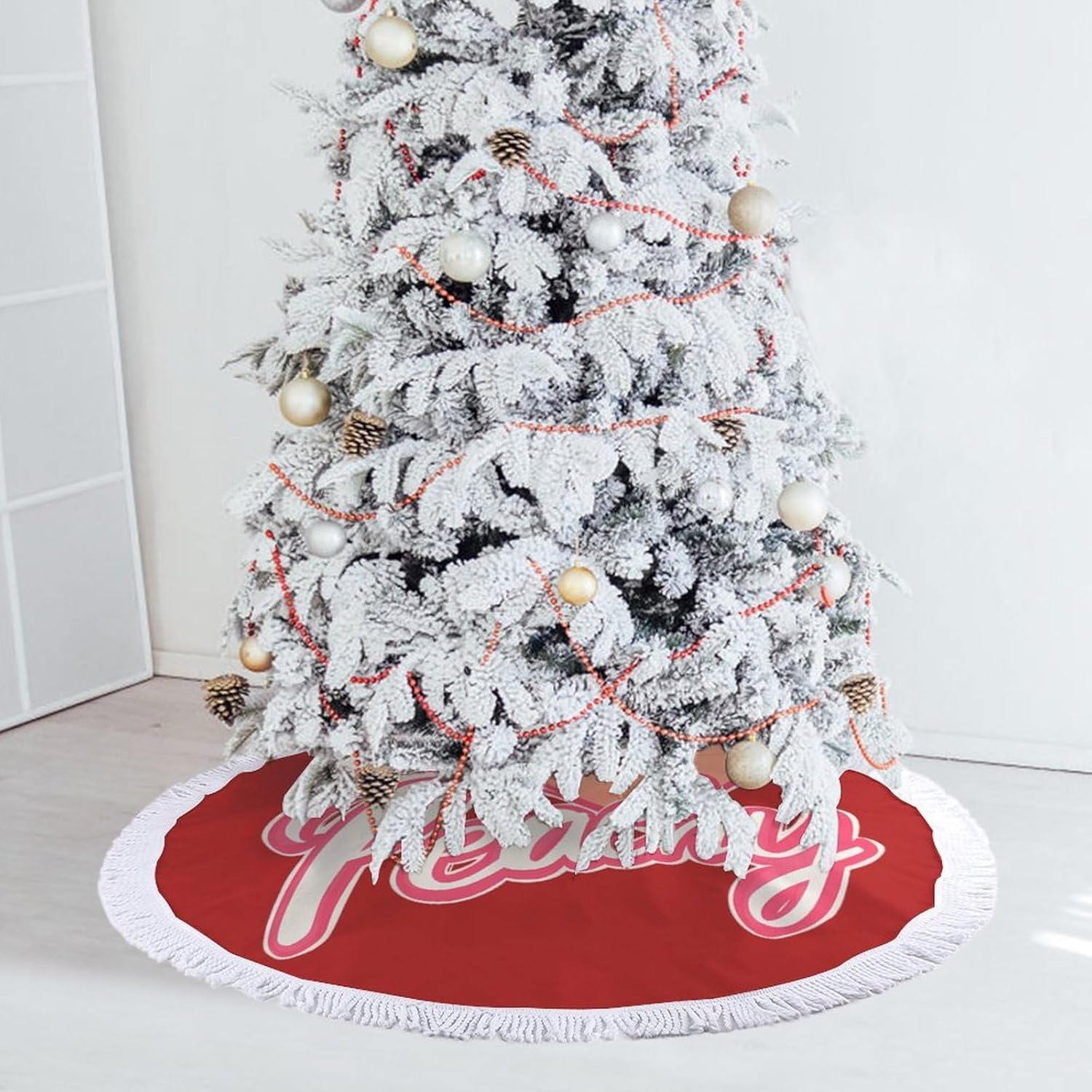 Peach Fruit Christmas Tree Skirt Round Xmas Tree Mat Ornaments Tree Skirts with Tassels for Holiday Party