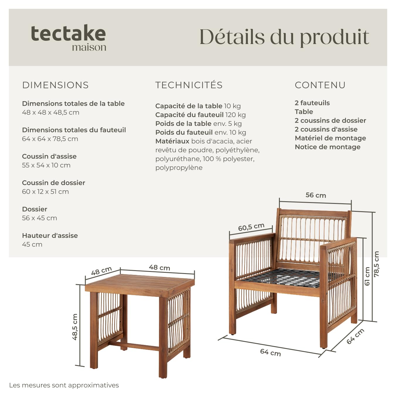 tectake® Ensemble 2 Fauteuil de Jardin & Table Basse Salon de Jardin Exterieur Coussins épais Inclus Cadre en Bois Massif d'acacia & Acier laqué époxy Mobilier Chaises Balcon Terrasse Veranda Maison