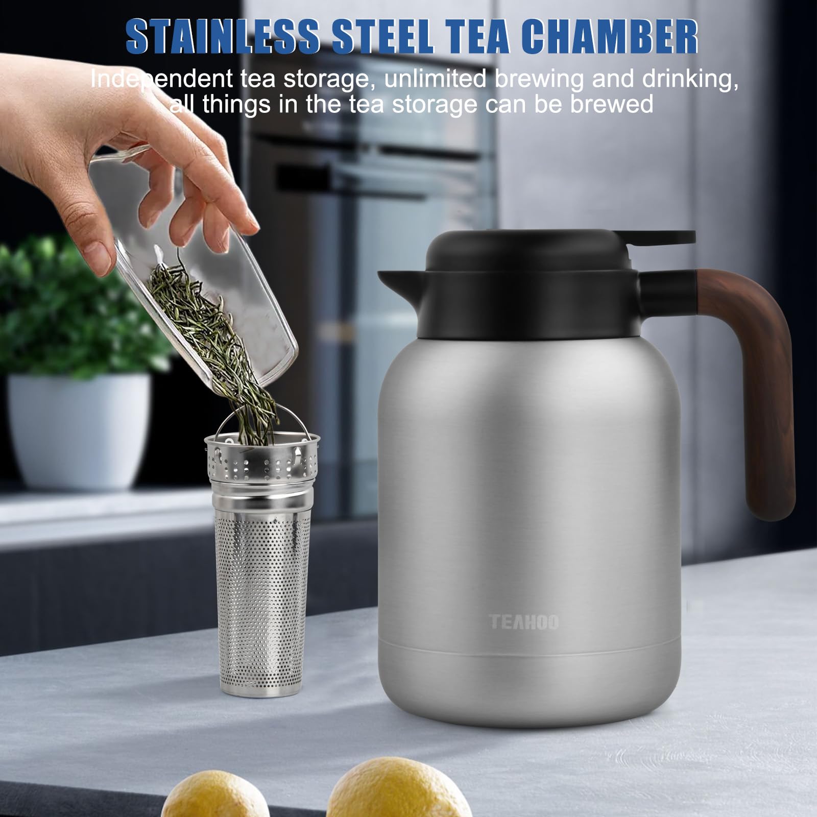Pichet Isotherme 1,5 Litres en acier inoxydable 316, Chaud 24 h Café Théière isotherme avec passoire à thé, Hermétique, Fermeture Quick Press, Bouteille isotherme