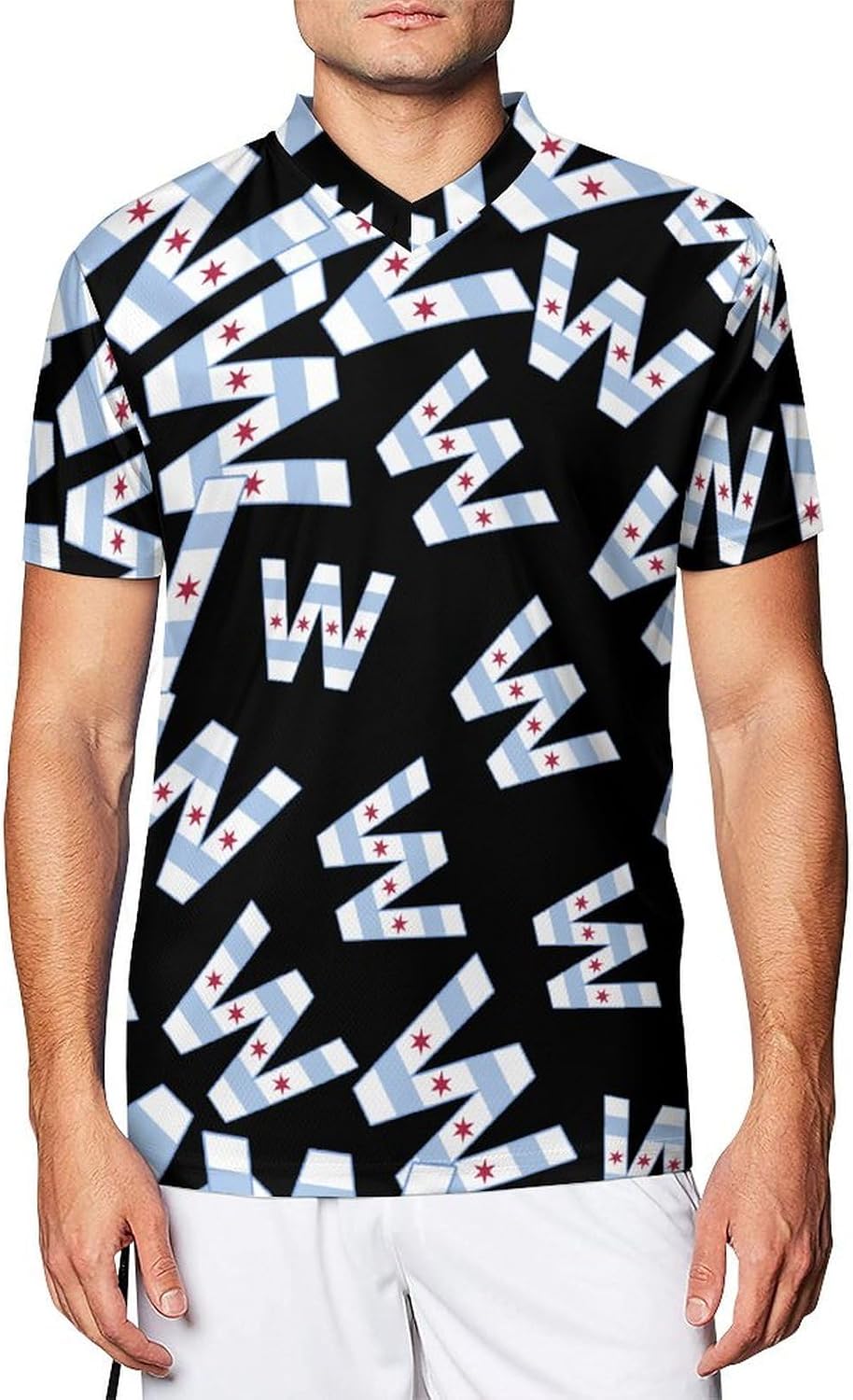 Chi1cago Flag Men's Running Shirts V Neck Short Sleeve T Shirt Football Jersey Sport Tops 6X-Large
