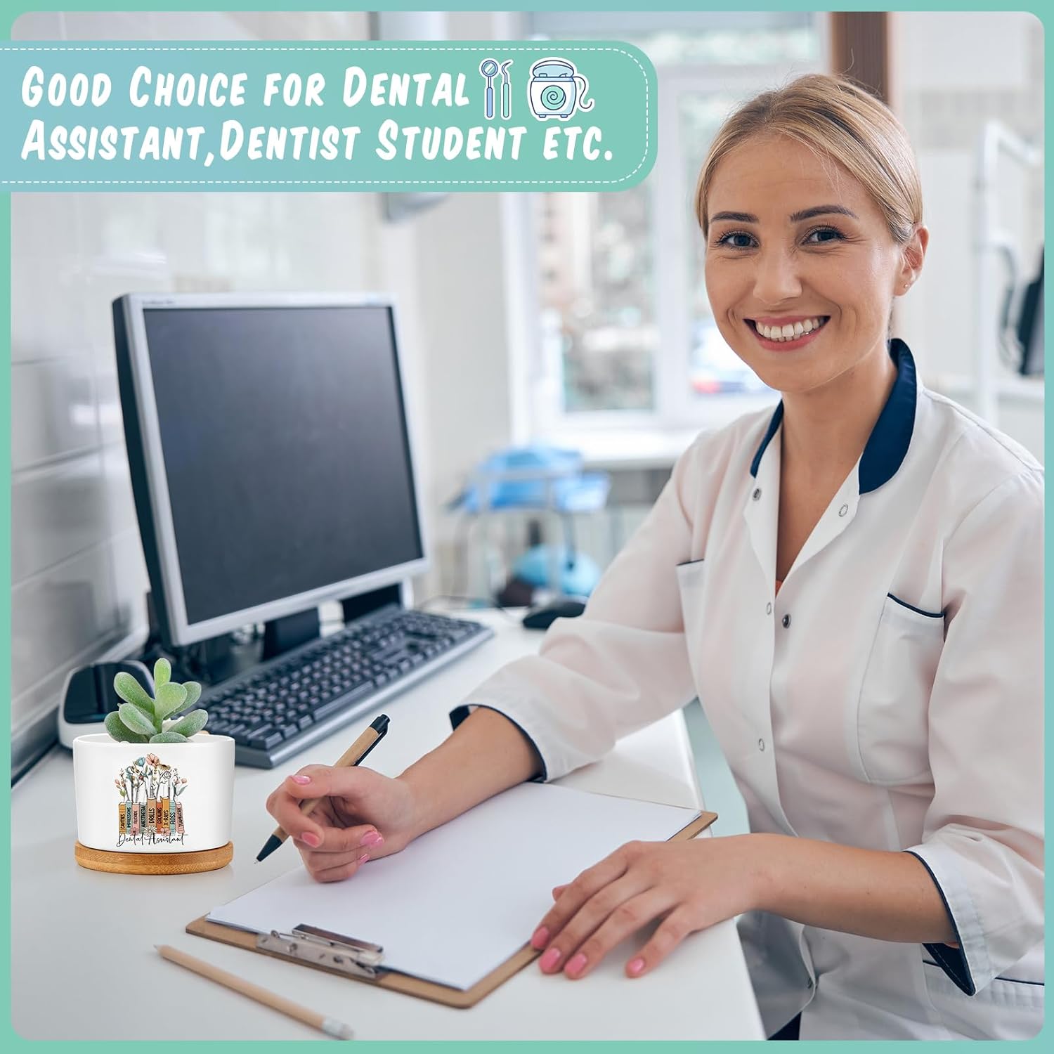 Havawish 6 Pcs Dental Assistant Gift Ceramic Succulent Planter Pots Mini Porcelain Plant Containers Funny Gifts for Dentist Dental Office Home Desk Tooth Decoration, Plants Excluded