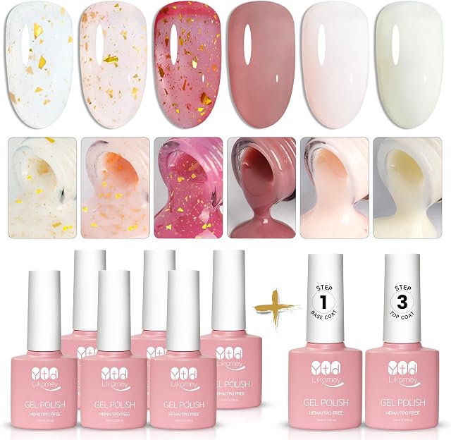 YTD Likomey Nude Gel Nail Polish Set,6 Translucent Neutral Colors with Base & Top Coat, Milky White Pink Gold Flakes Jelly Sheer UV Vernis, 8 Pcs 7.5ml