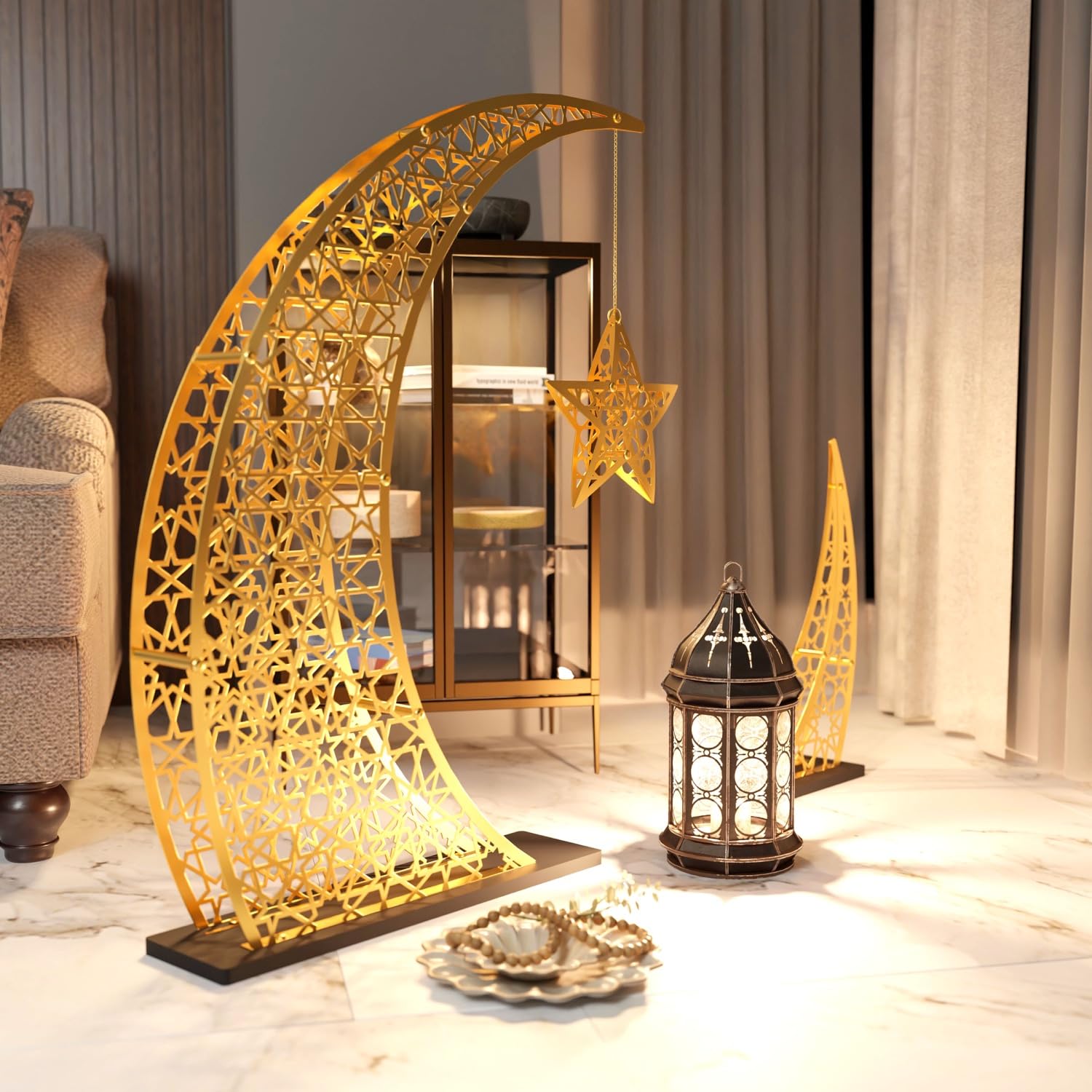 iwa concept Ramadan Crescent Moon Decor Islamic Home Decoration for Eid Muslim Gifts Matte Gold 54x40 inches 137x102
