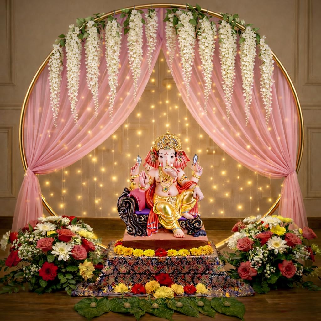 Party Propz Ganpati Backdrop Stand for Decor - 6 Pcs Ganpati Decoration Stand with Pink Curtain, Metal Ring Stand,White Wisteria Hangings and Light for Ganesh Pooja, Varalakshmi, Janmashtami Decor-image-4