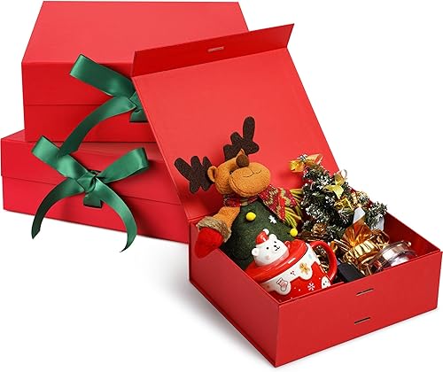 SWANGSA Cajas de regalo de Navidad rojas con tapa para regalos de 10.2 x 8.8 x 3.8 pulgadas, caja de regalo grande con cinta y cierre magnético,