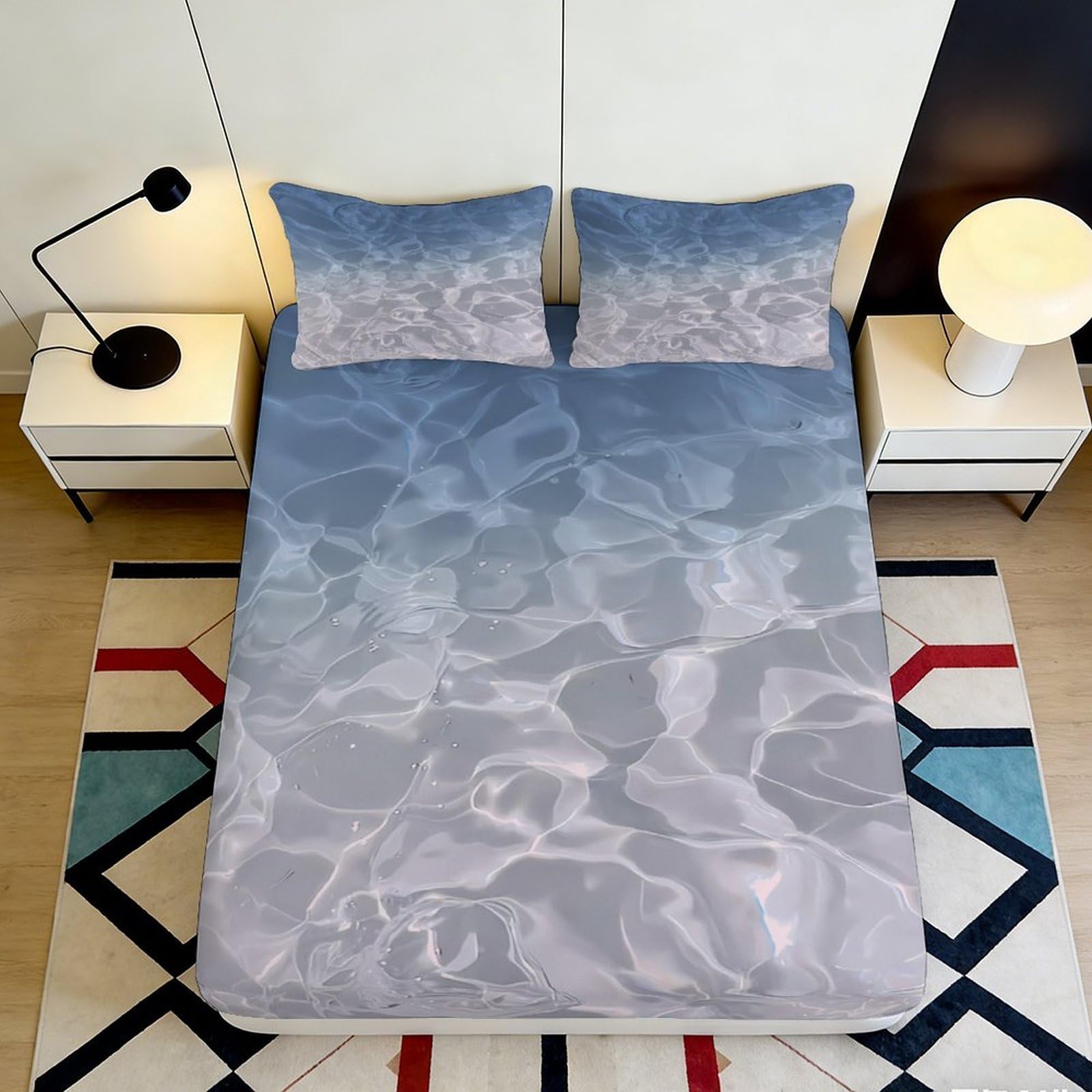 3D Printed Water Ripple Fitted Sheet Microfiber Blue Surface Reflection Mattress Cover for Bedroom Dorm Decor 120x200cm 200x200x25cm