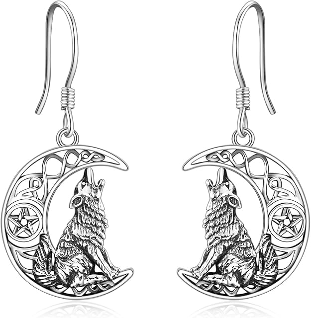 YFN Wolf Earrings for Women Sterling Silver Celtic Knot Wolf Moon Dangle Earrings Jewellery Gifts for Girls