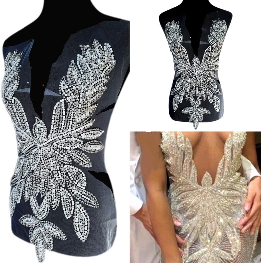 Rhinestone Applique Crystals Patches Silver Sequins Pearl Beads Special Design Front Panel Sewing for Evening Prom Dress Accessory (Silver)