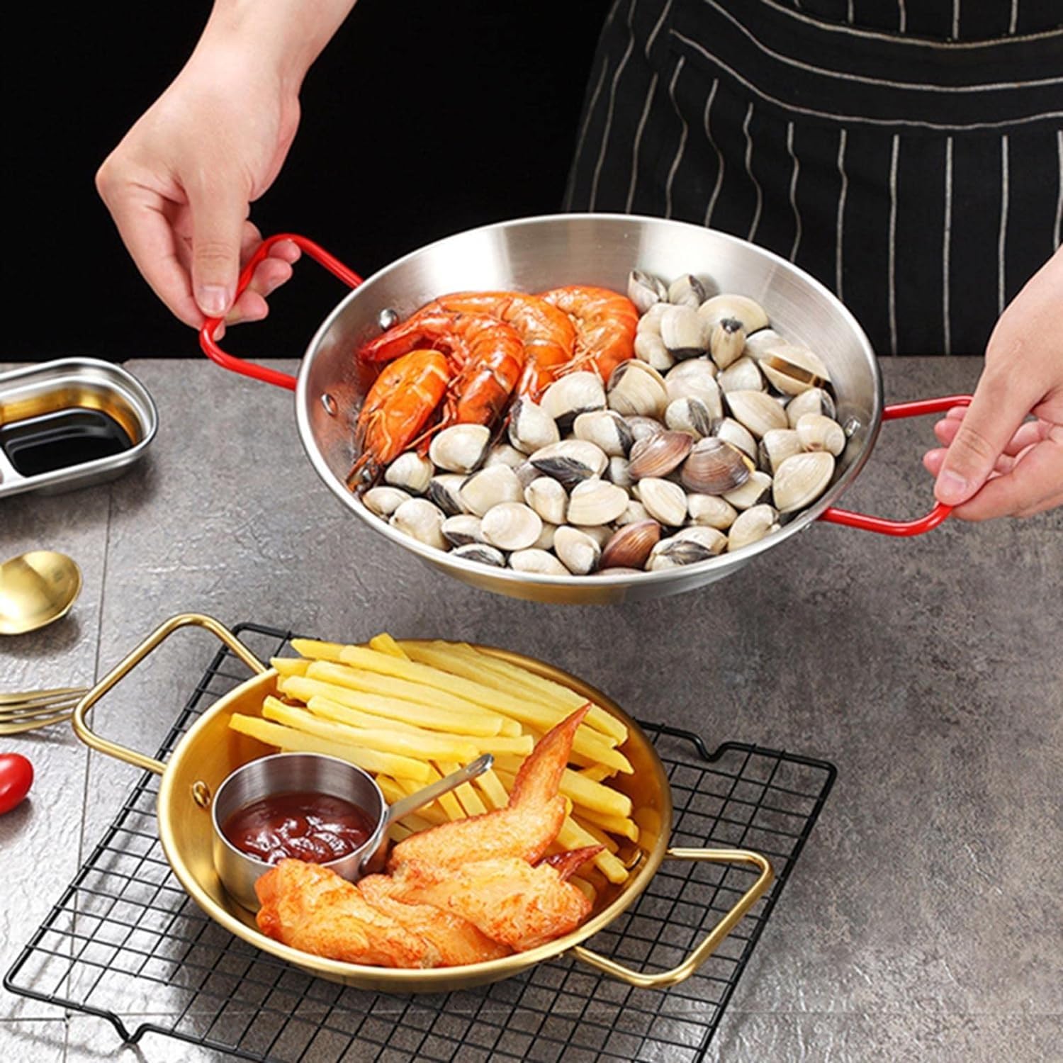 Sartén antiadherente para cocinar, paellera de acero inoxidable con doble asa, sartén plana para huevos y asado, utensilios de cocina esenciales