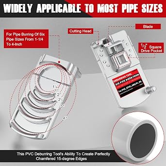 Deburring Tool for PVC Pipe, Plumbing Tools, Professional Plastic Pipe Deburring Tool, for Pipe Burring of Six Pipe Sizes from 1-1/4 to 4-Inch, PVC Chamfer Tool Leaves Pipe Edges Smooth.