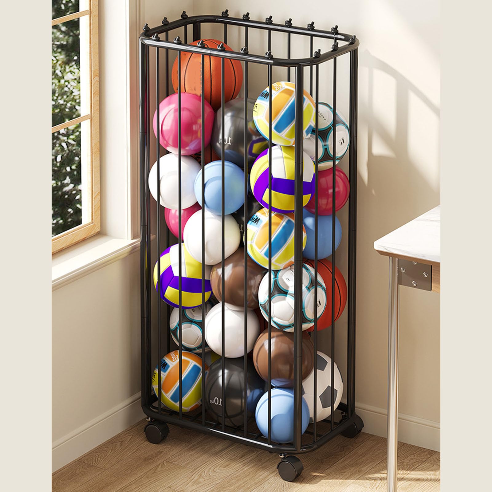 SIXRUN Carrello Rotante per Palloni Sportivi con Ruote, Organizzatore per Attrezzature Sportive per Basket, Calcio, Tennis con Cinturini Elastici 56 X 34 X 116 Cm