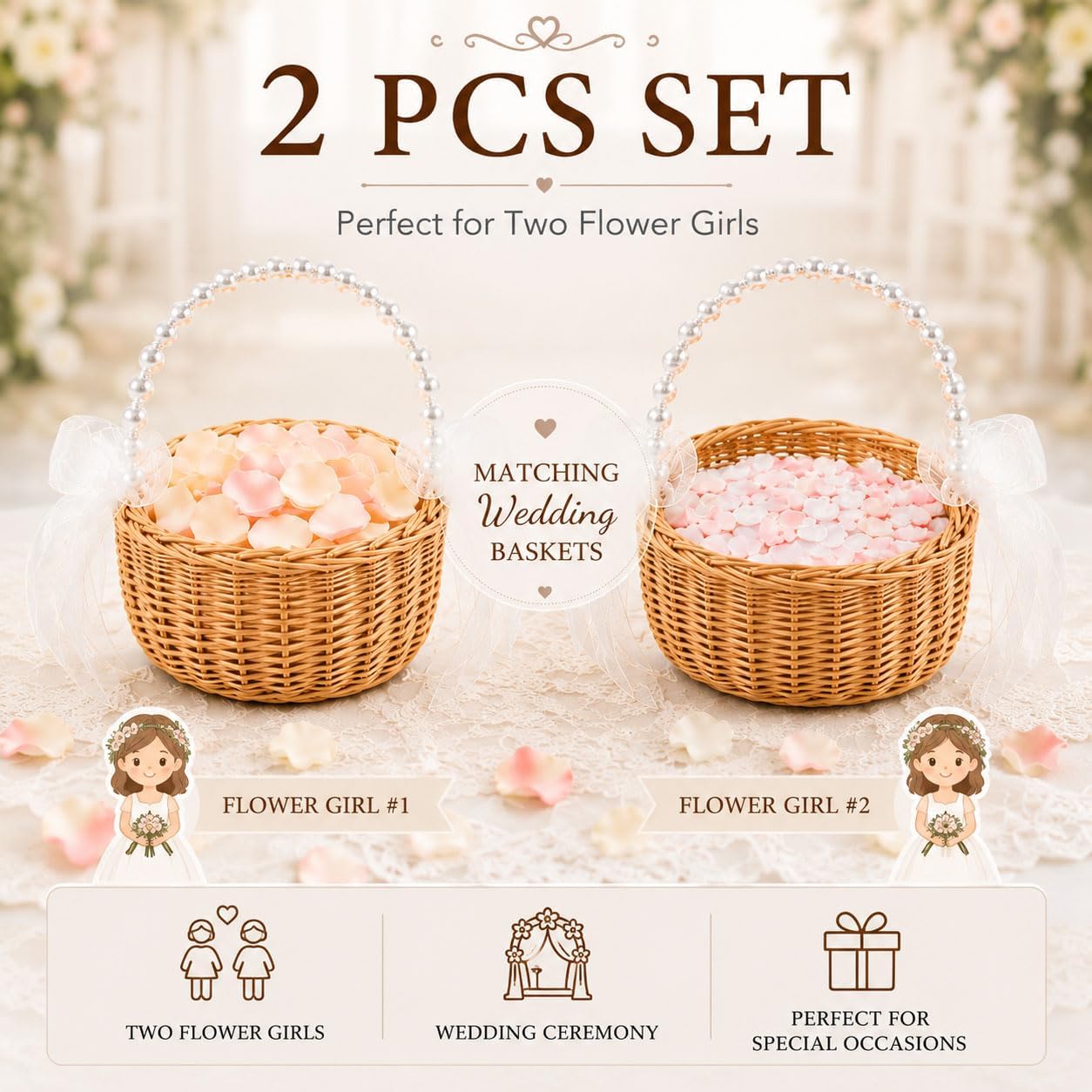 2 Pack 8 Inch Flower Girl Basket for Wedding, Pearl Handle Wicker Flower Basket with Bow, Handmade Rustic Petal Basket for Wedding Ceremony, Bridal Shower Decorations