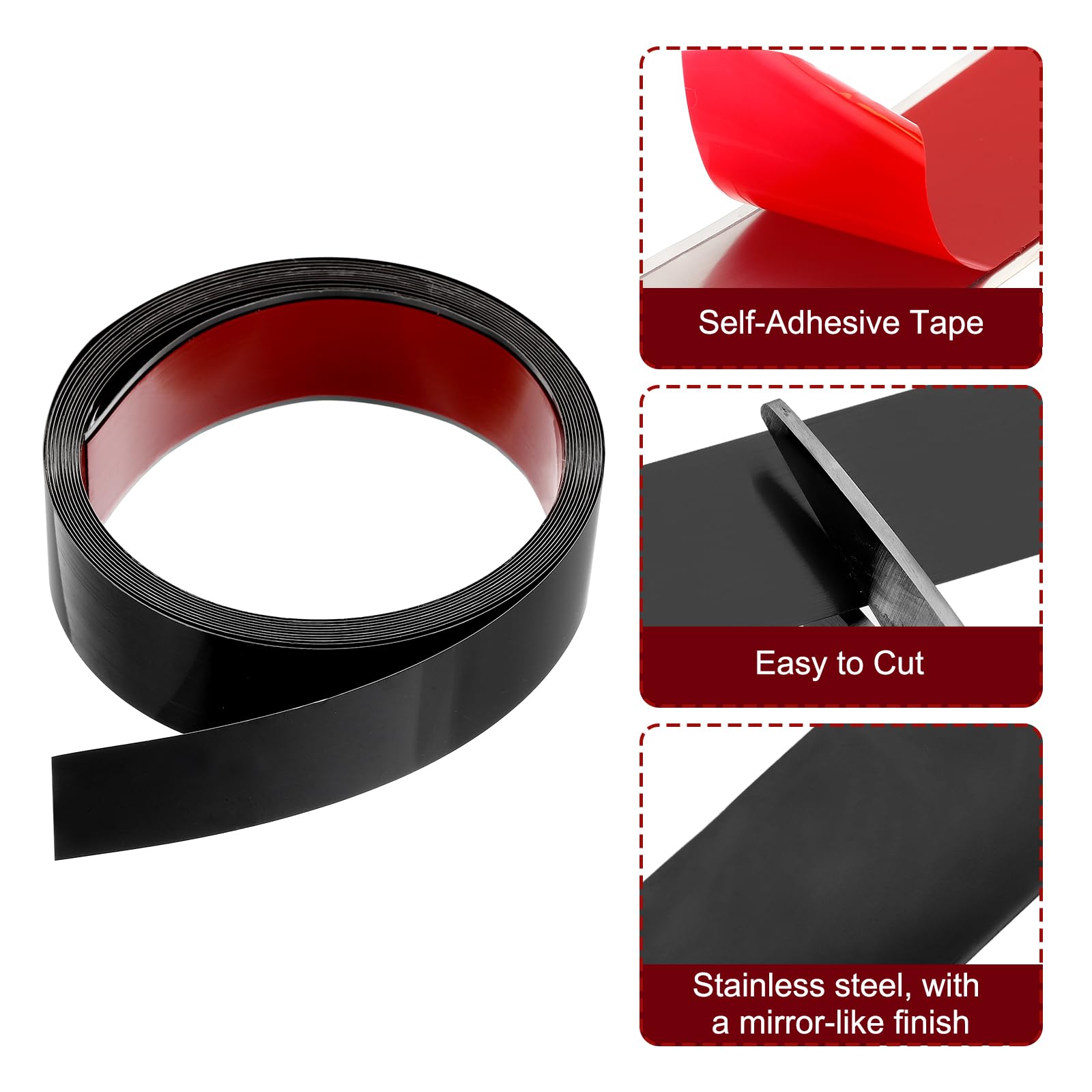 QUARKZMAN 5m x 40mm Moldura de Pared, Tira de Acero Inoxidable Acabado Espejo Autoadhesivo, Moldura de Tira con Guante y Tarjeta para Pared, Suelo, Borde de Azulejos, Negro