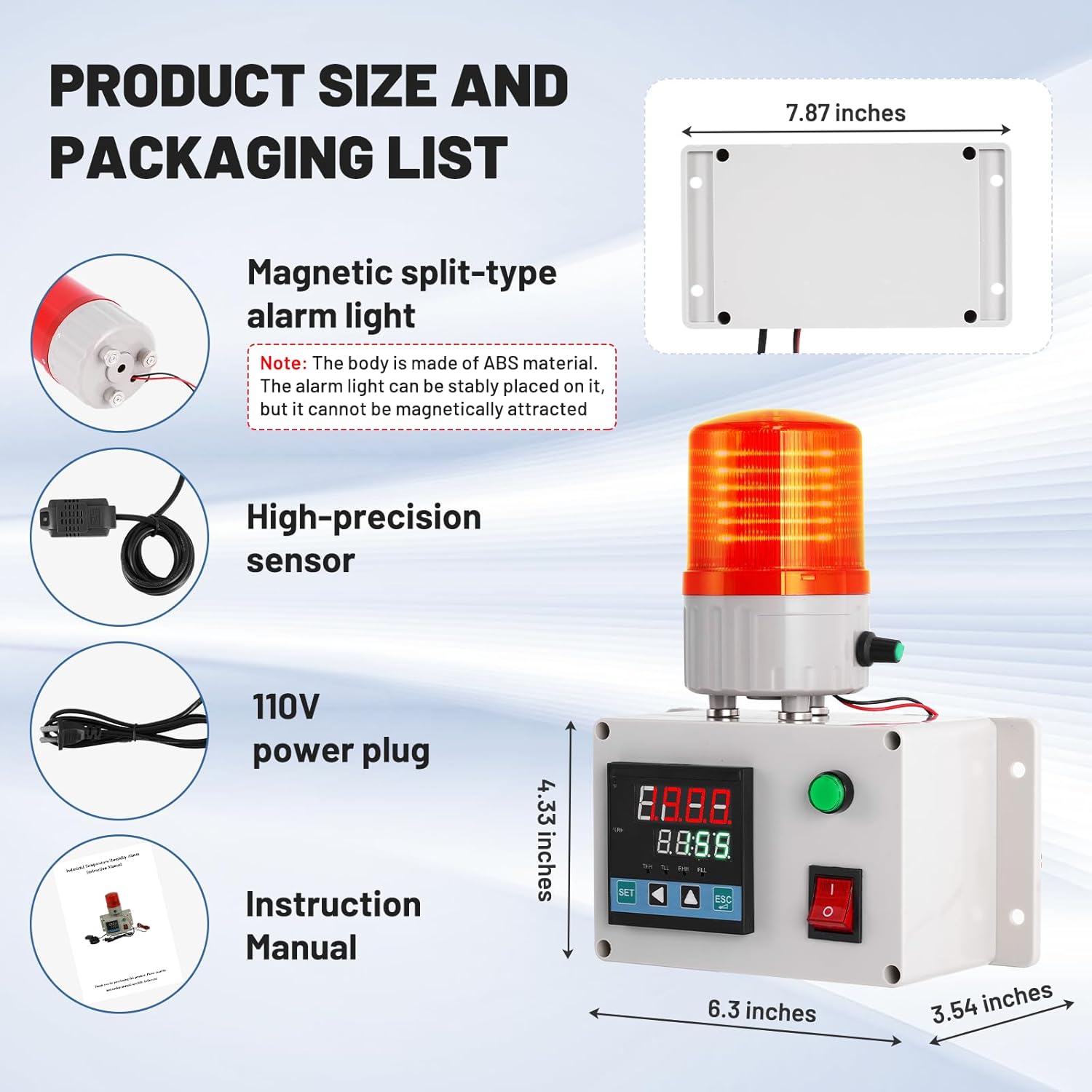 JIAWANSHUN Industrial Temperature Humidity Alarm, -40-185°F 0-100%RH Digital Thermometer Hygrometer, Independent Alarm Sound Light Alert Calibration for Greenhouse, Pet House, Chicken 110V