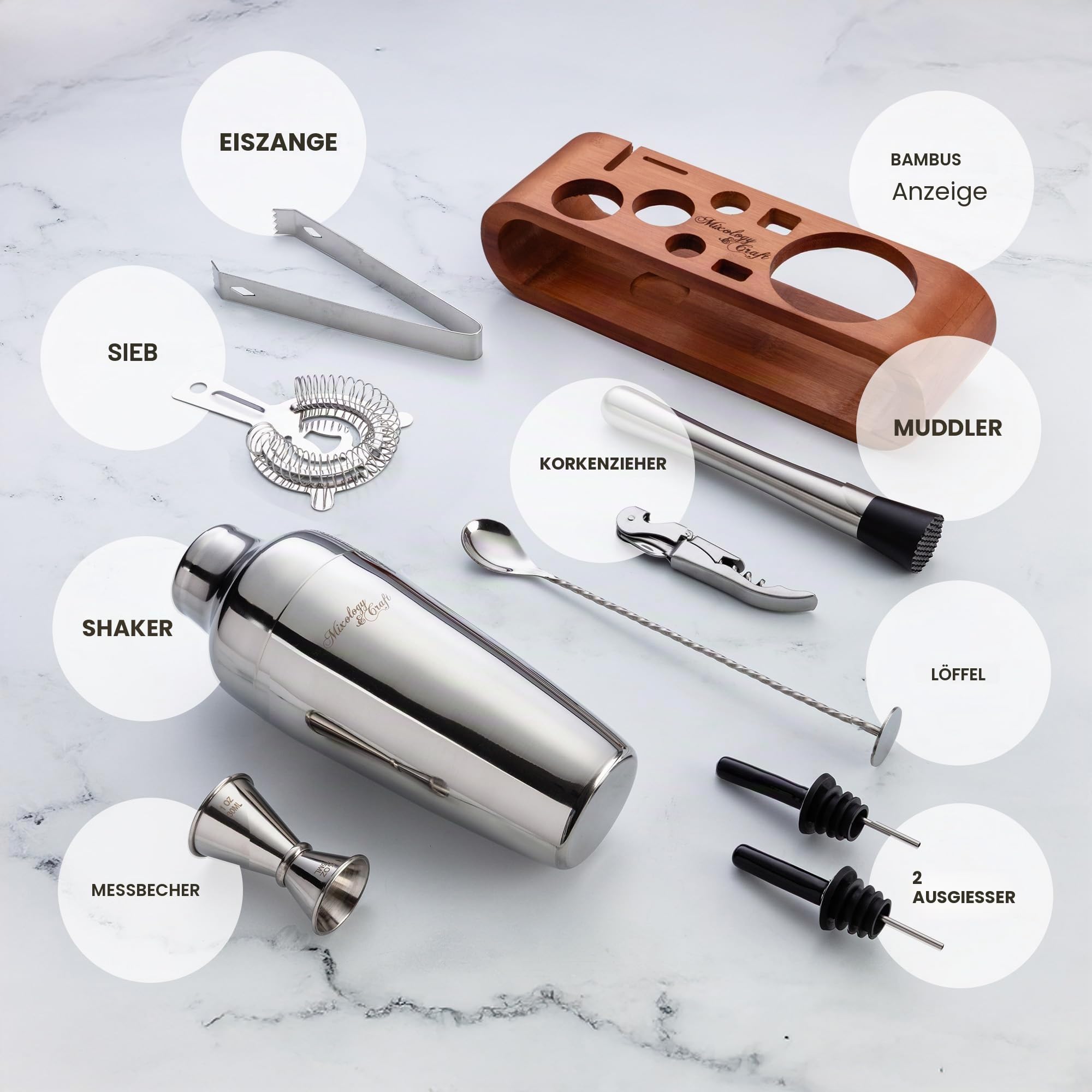 Mixology & Craft Cocktail Set (10-tlg.) - Edles Cocktail Shaker Set mit Shaker aus Edelstahl und Bar Zubehör im Holzständer aus Mahagoni - Dekoratives Geschenkset - Silber