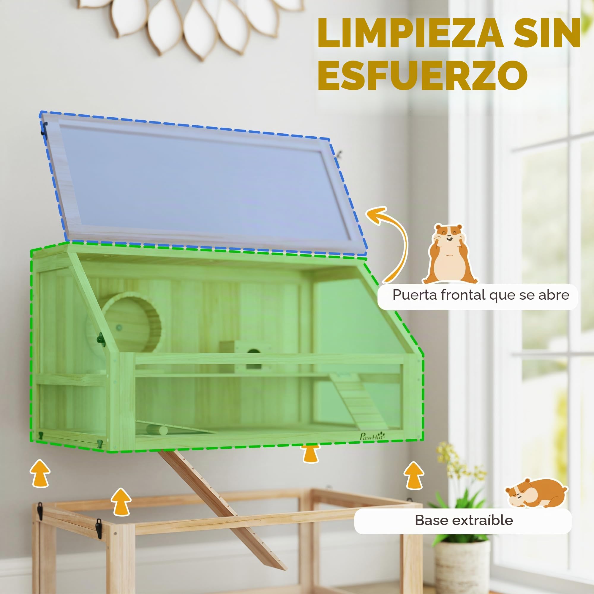 PawHut Jaula de madera para hámster de 3 niveles, jaula para roedores y animales pequeños, con tapa plegable, rueda y accesorios, jaula de madera para hámsters enanos, 80 x 50 x 76 cm, madera natural | Jaula para roedores, para hámsters enanos