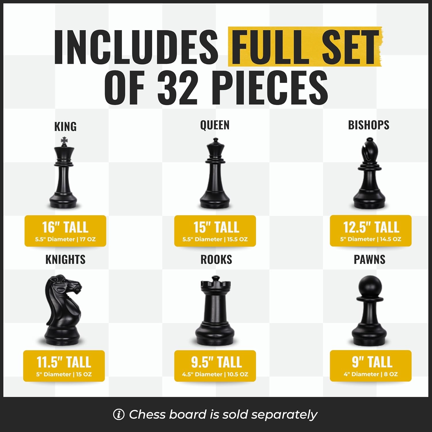 MegaChess Giant Chess Set Game with 16" Tall King - A Large Chess Set Yard Game for Families Looking for Outdoor Jumbo Games - 32 Large Pieces Made from Durable HDPE (Board Not Included)