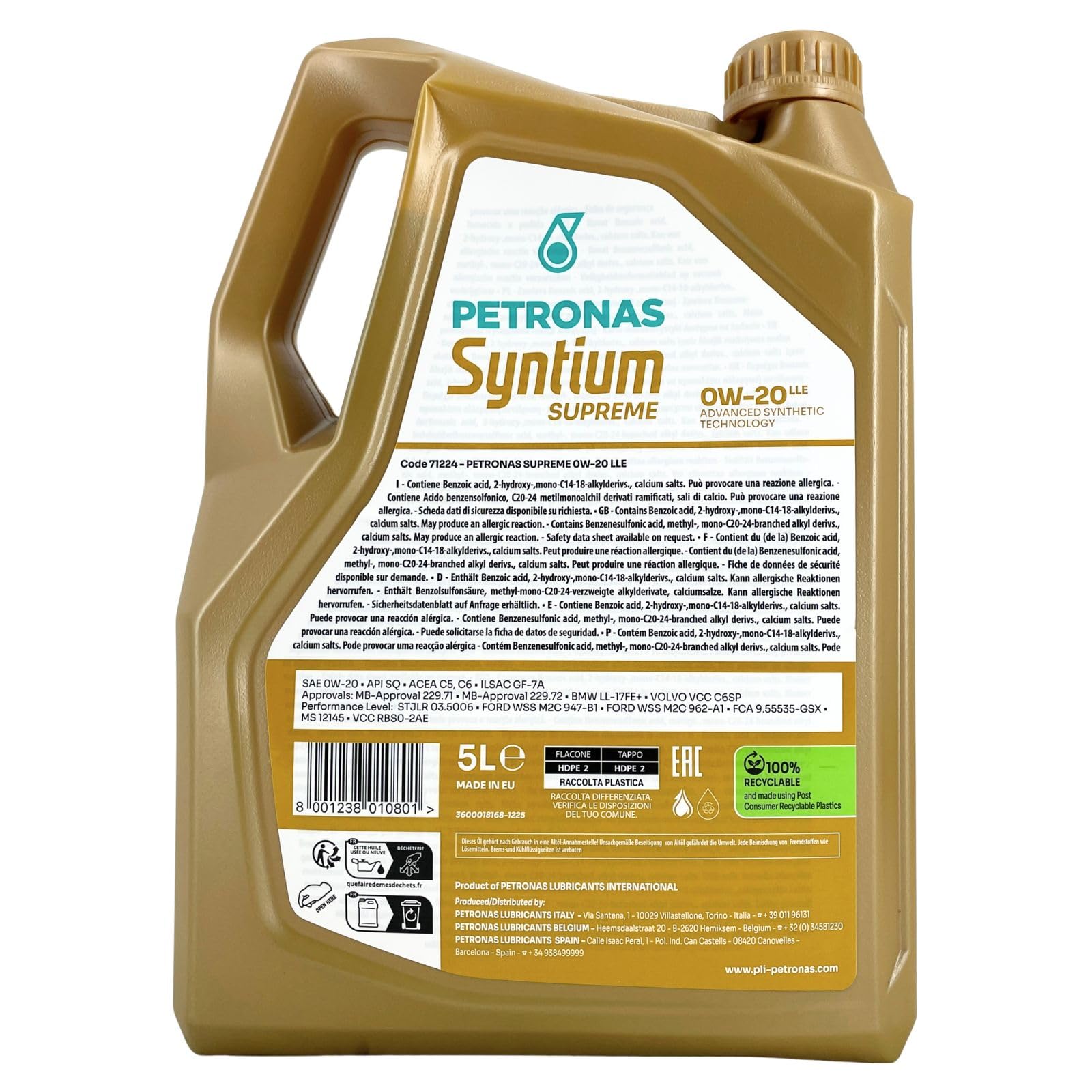 Petronas Syntium Supreme 0W-20 LLE Motoröl für BMW Mercedes PKW Öl 5L