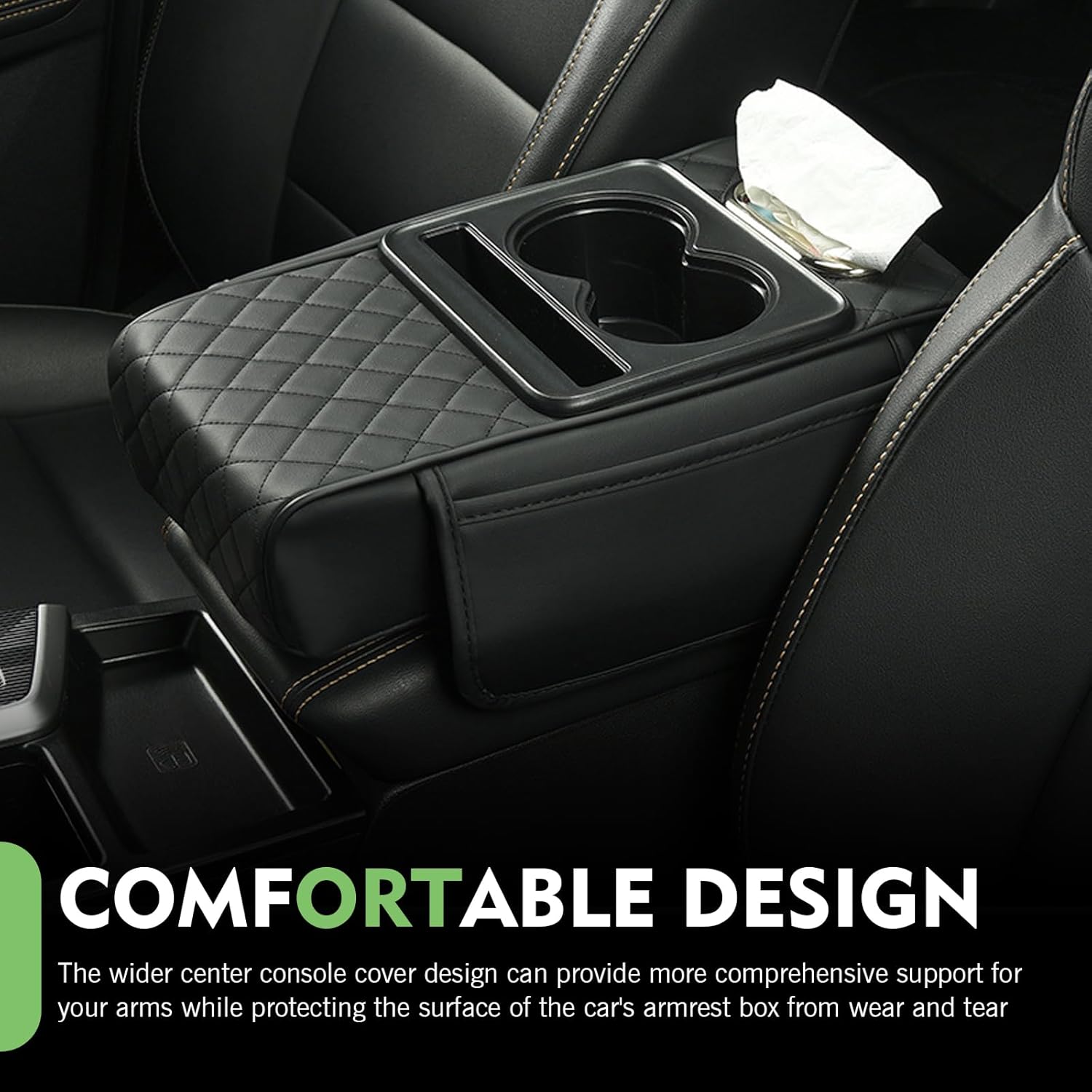 Car Armrest Box Mat, 5-in-1 PU Leather Center Console Height Storage Cover with 2 Side Bags, Multifunctional Tissue Box, Phone Slot, Cup Holder, Universal for Most Cars (Black)