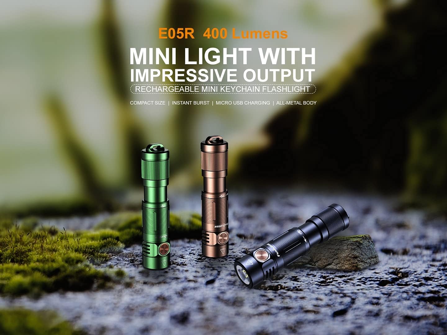 FENIX E05R LED Mini Key Chain Flashlight, USB Rechargeable, Brightness: Up to 400 Lumens, Black, Total Length: 2.7 inches (68 mm)