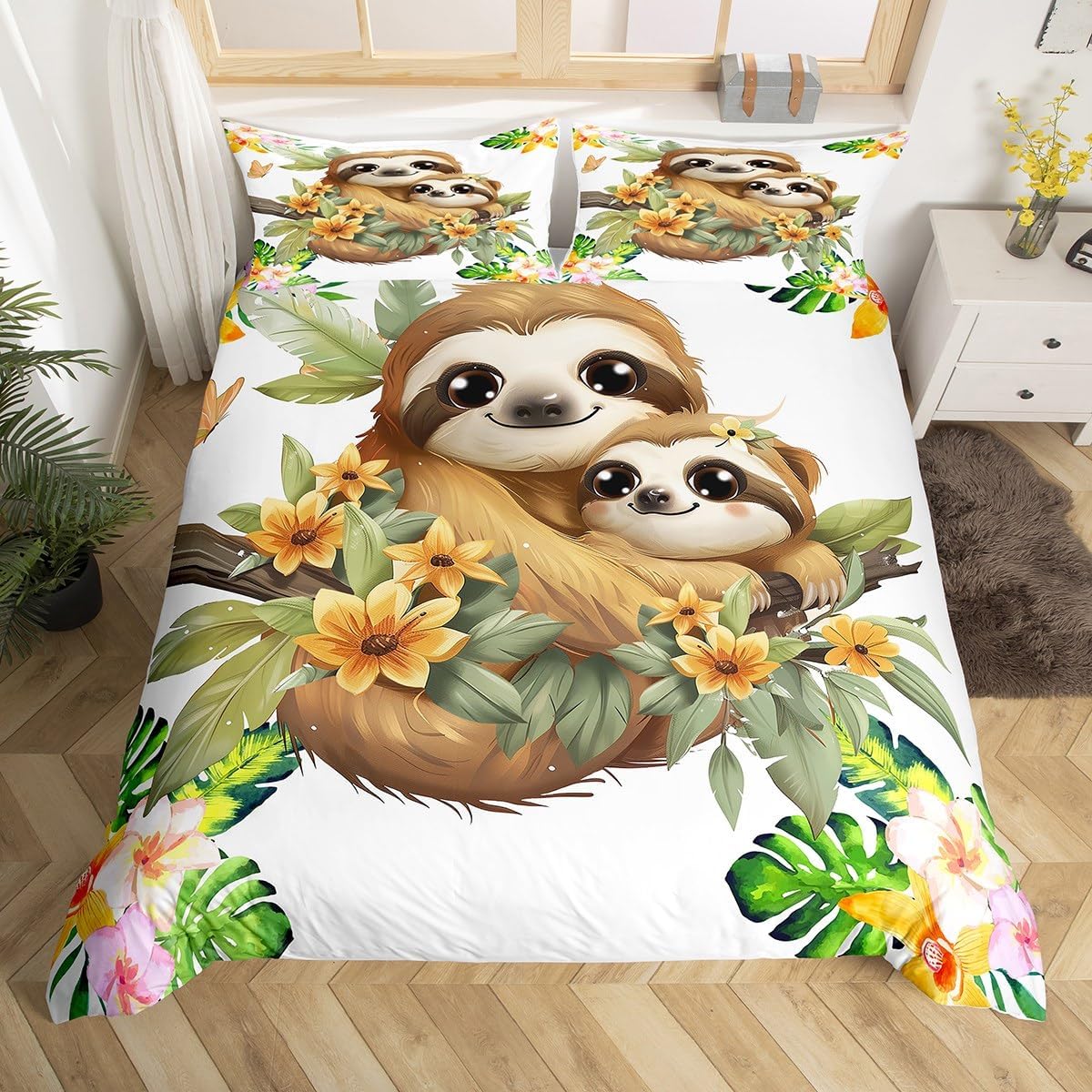 Sloth Comforter Cover For Kids, Flower Palm Leaf Duvet Cover Full, Cute Animal Lying On The Branch Bedding Set For Boys Girls Children, Cartoon Sloth Bedspread Cover Bedroom Decor, 2 Pillowcases
