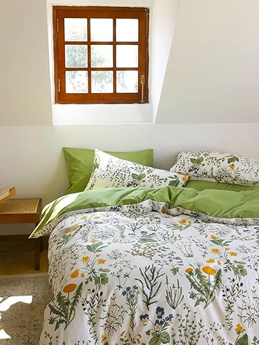 Houseri Juego de edredón floral verde amarillo y verde con hojas botánicas para niñas adolescentes y niñas, edredón rústico estilo rústico para cama