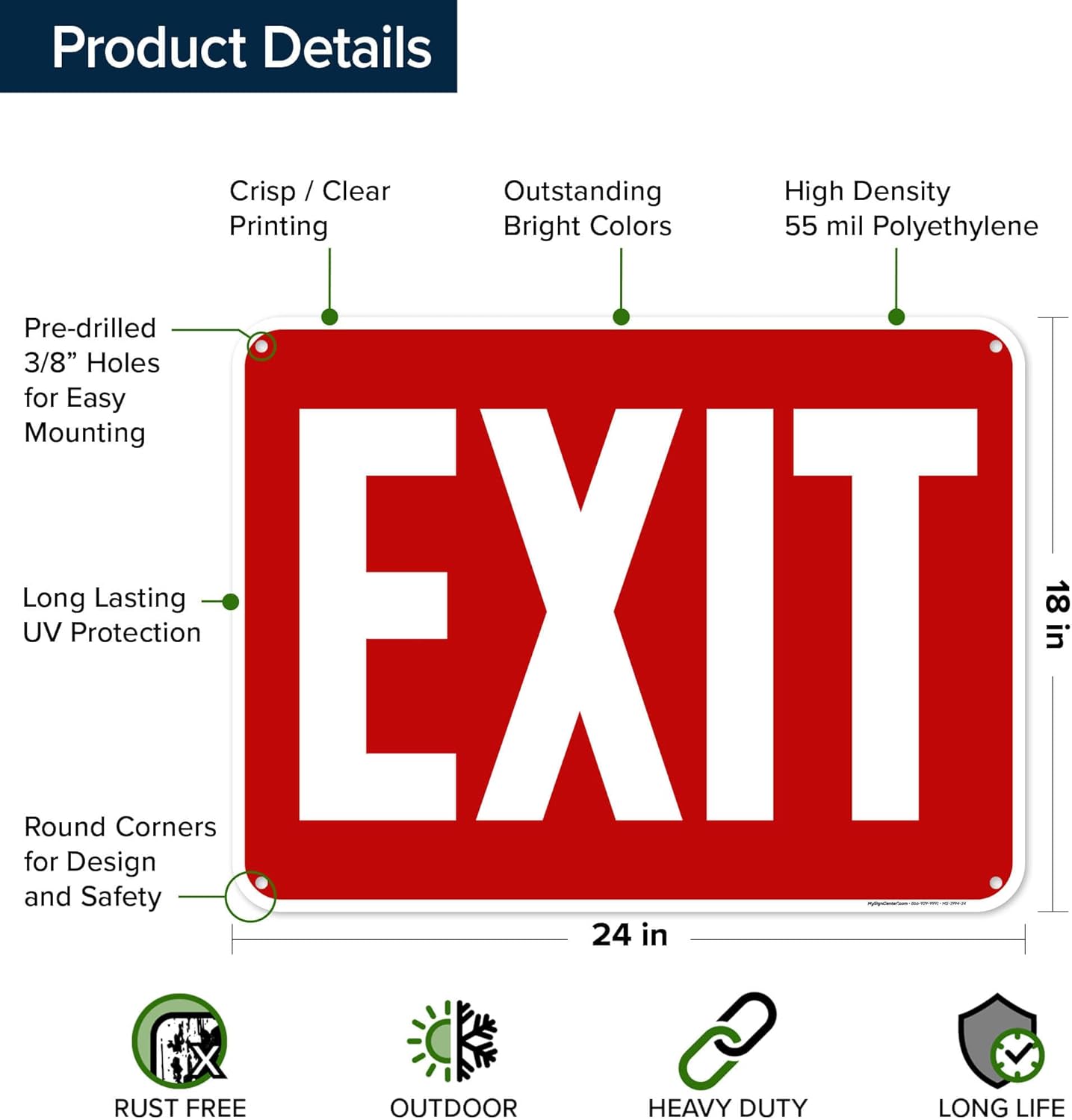 Exit Sign, (MS-1994) 18x24 Inches, 55 mil thick HDPE (high density polyethylene), Made in USA by My Sign Center
